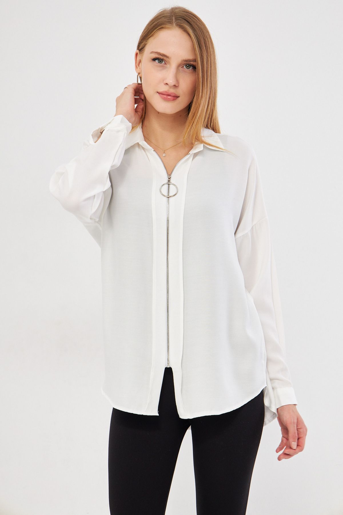 WOMEN WHITE PREVIOUS ZIPPER SALAŞ SHIRT ARM-21K024090