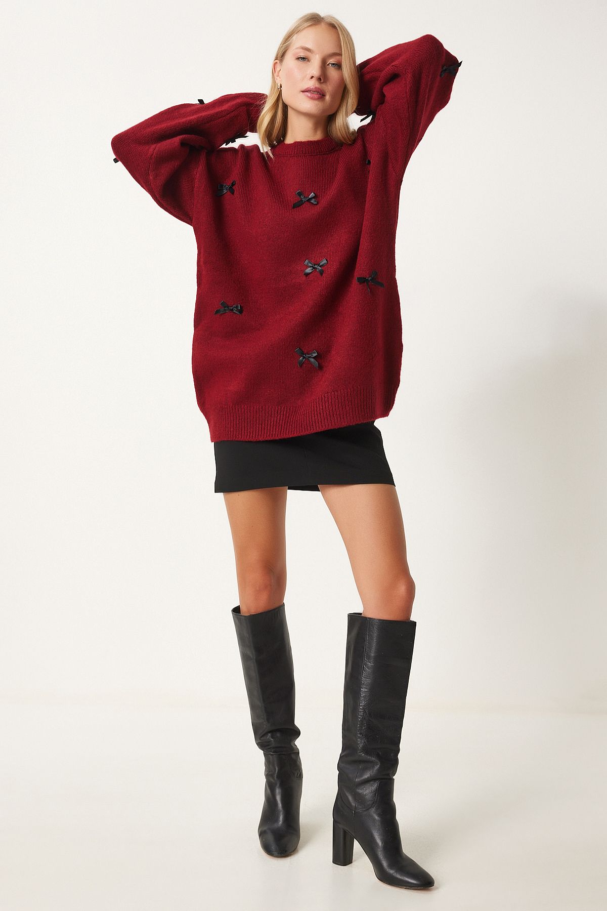 Kadın Bordo Fiyonklu Triko Kazak SV00013