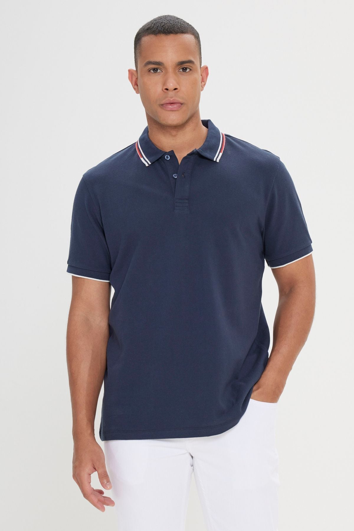 Men's navy blue slim fit narrow cut 100 %cotton polo collar t -shirt