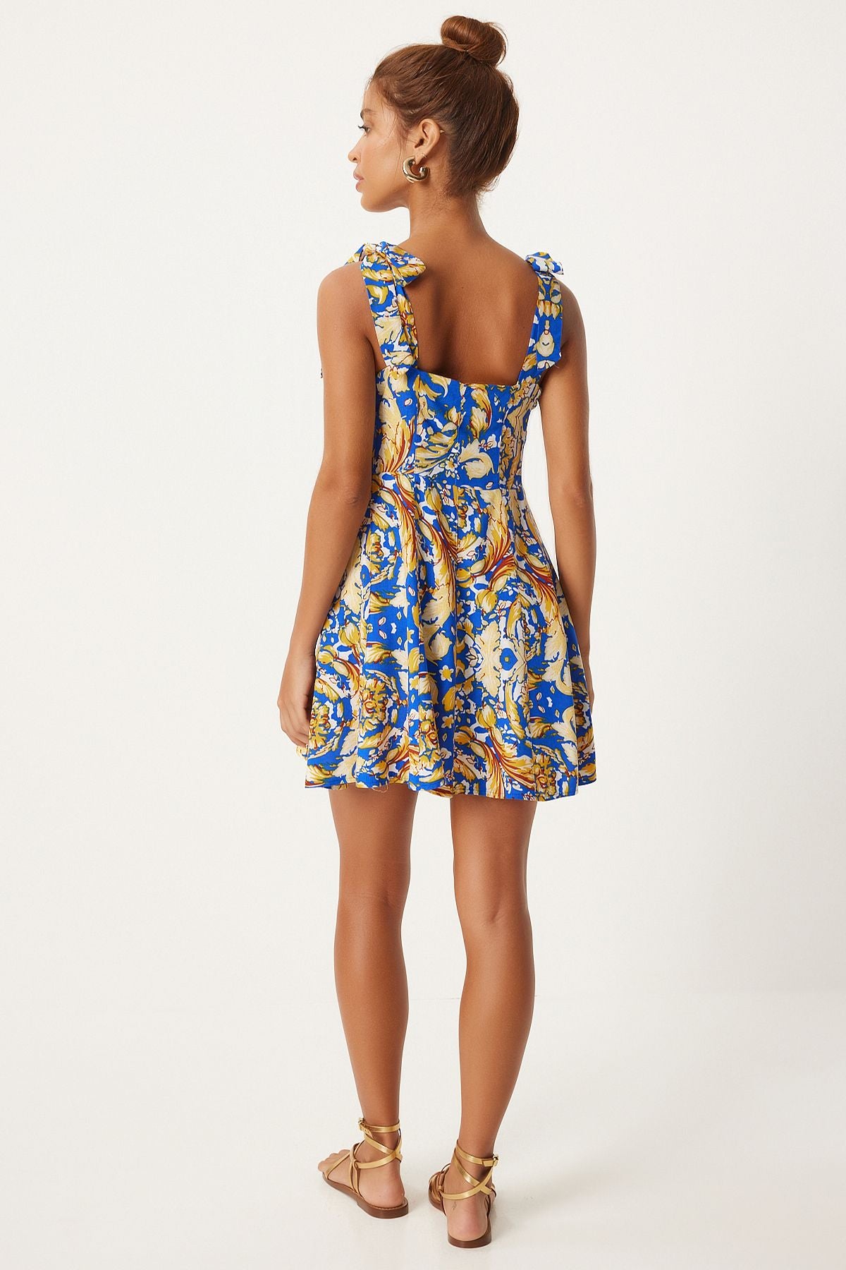 Female Blue Yellow Thick Standed Summer Mini Viscose Dress FN03238