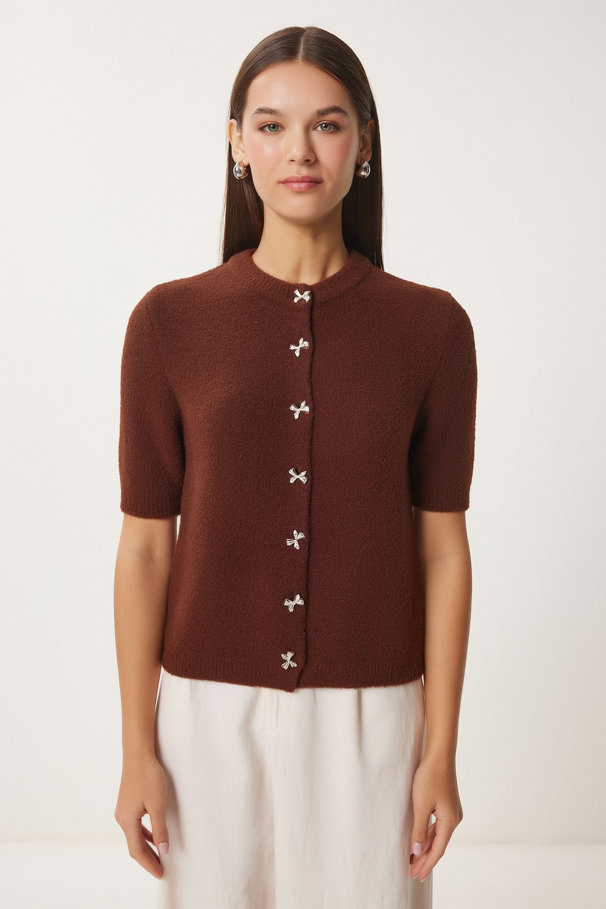 Women's Brown Stylish Bow Button Triko Cardigo with Beard Button DP00219