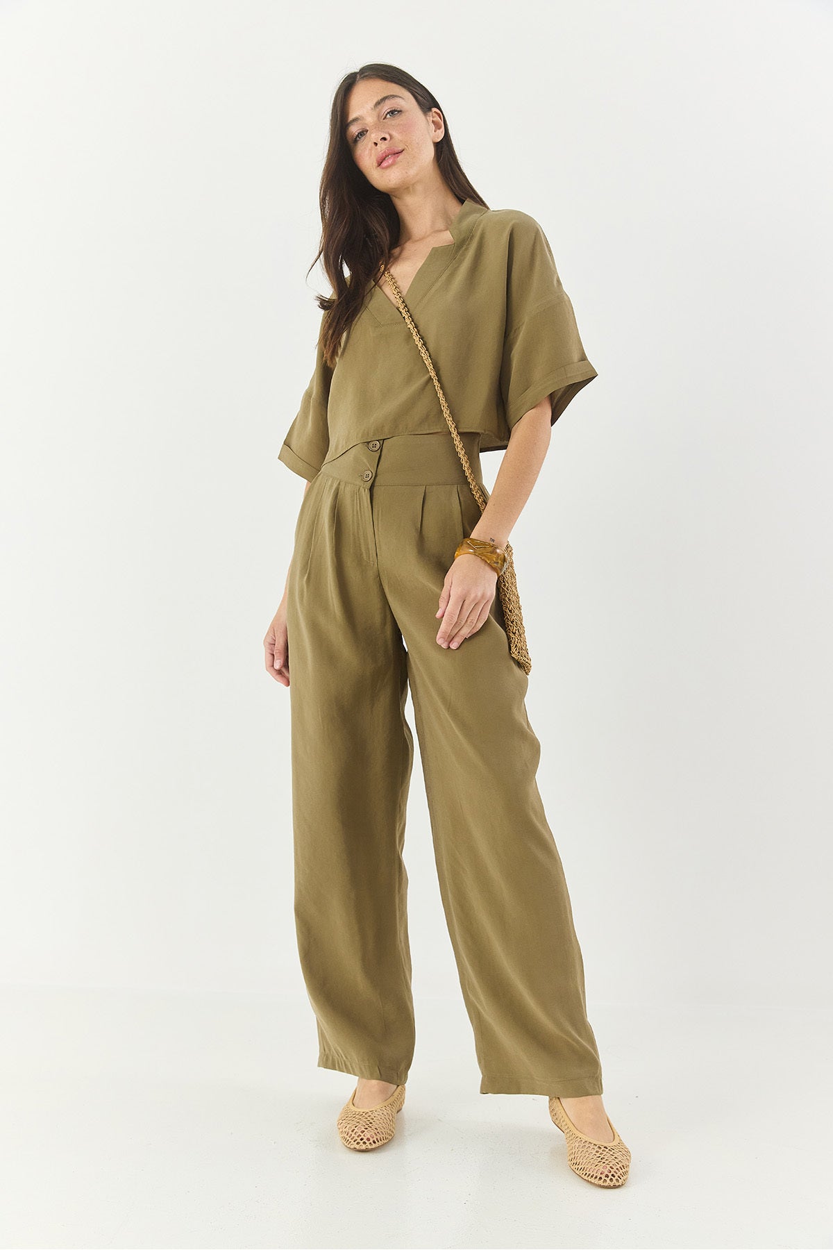 Women's V-Neck Blouse with High Waist Trousers Modal Bottom-Top Set 9330 60281052