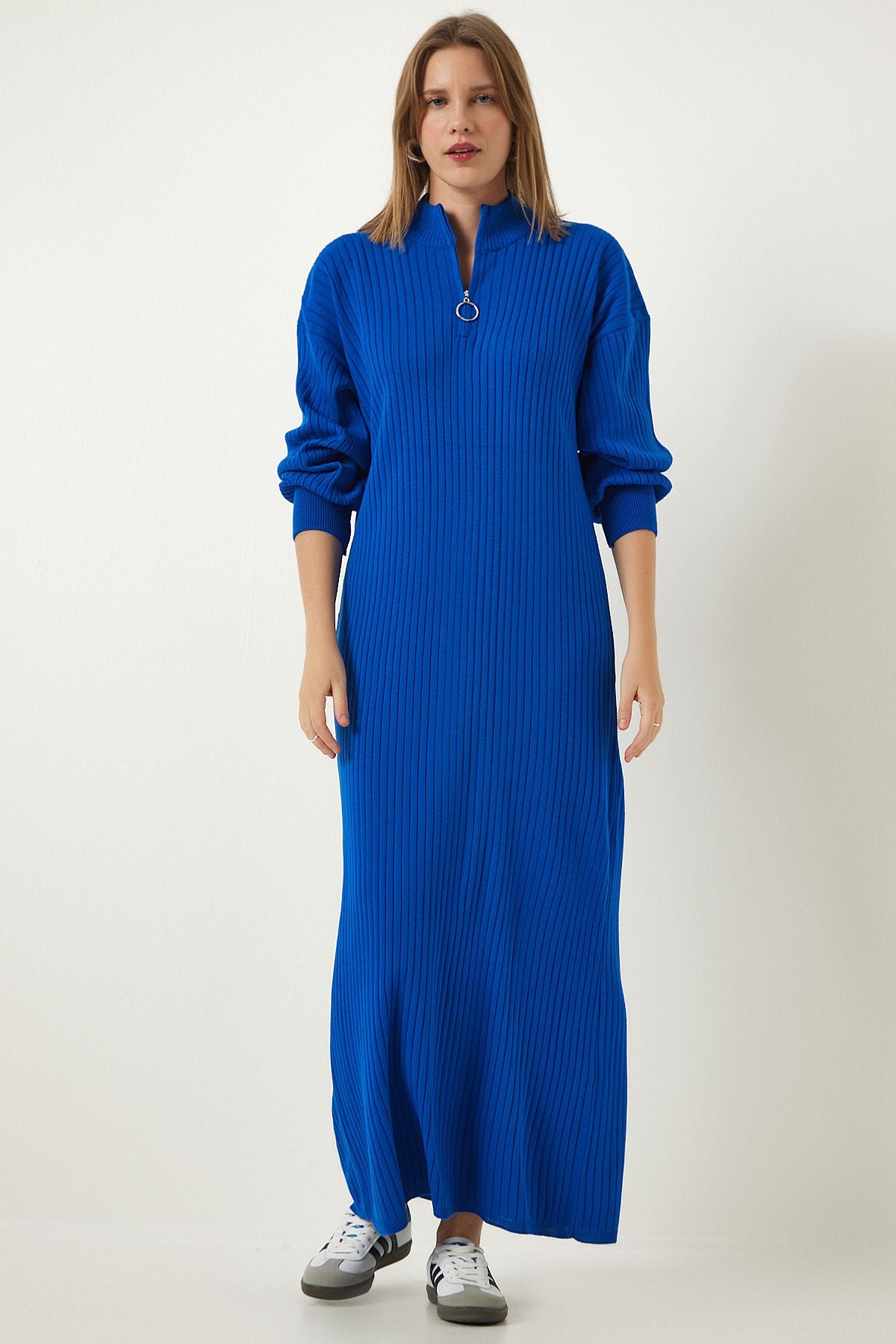 Women's Blue Zippered collar wick long knitwear dress DD01295