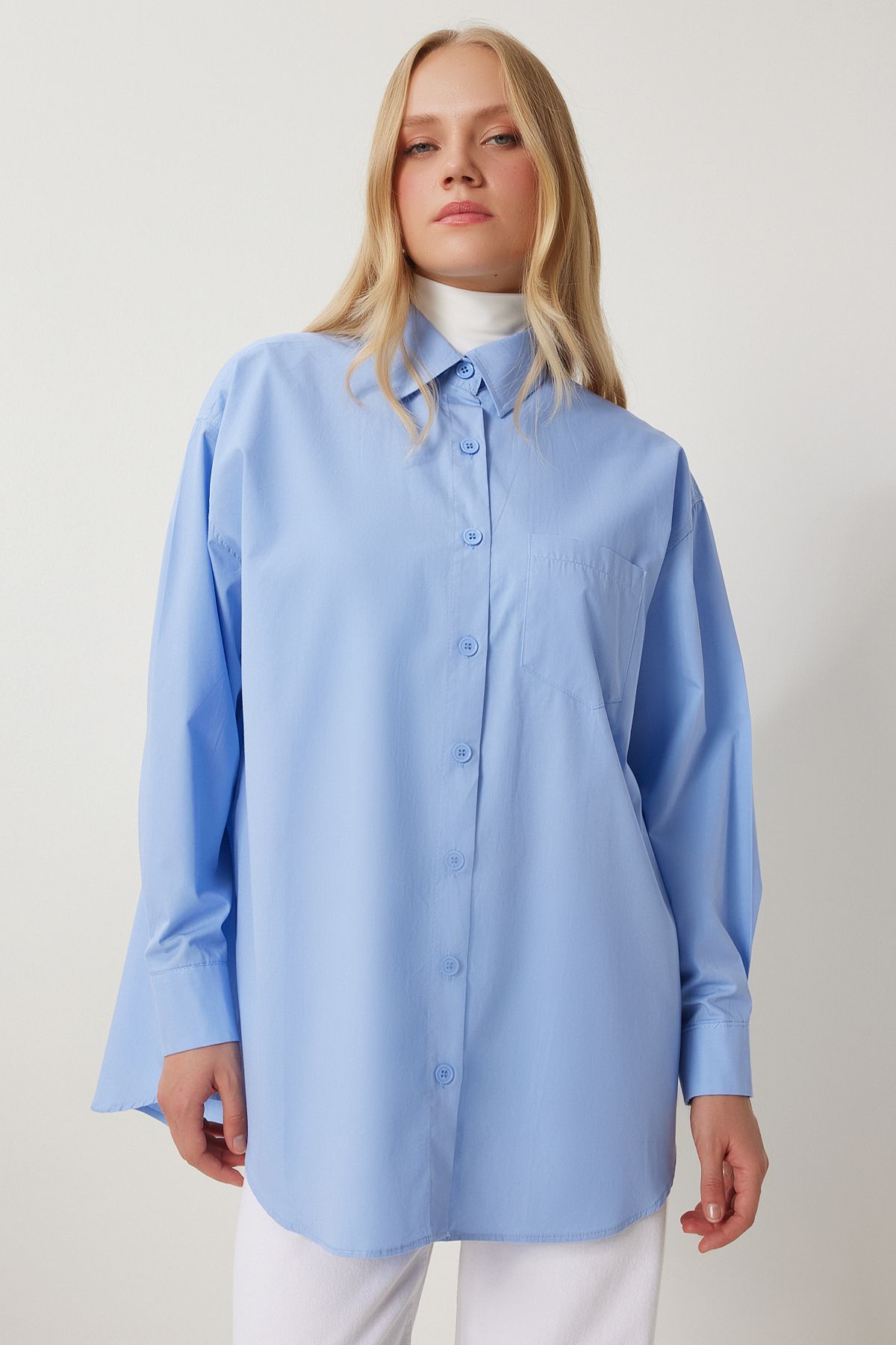 Woman Blue Oversize Long Woven Shirt BP00167