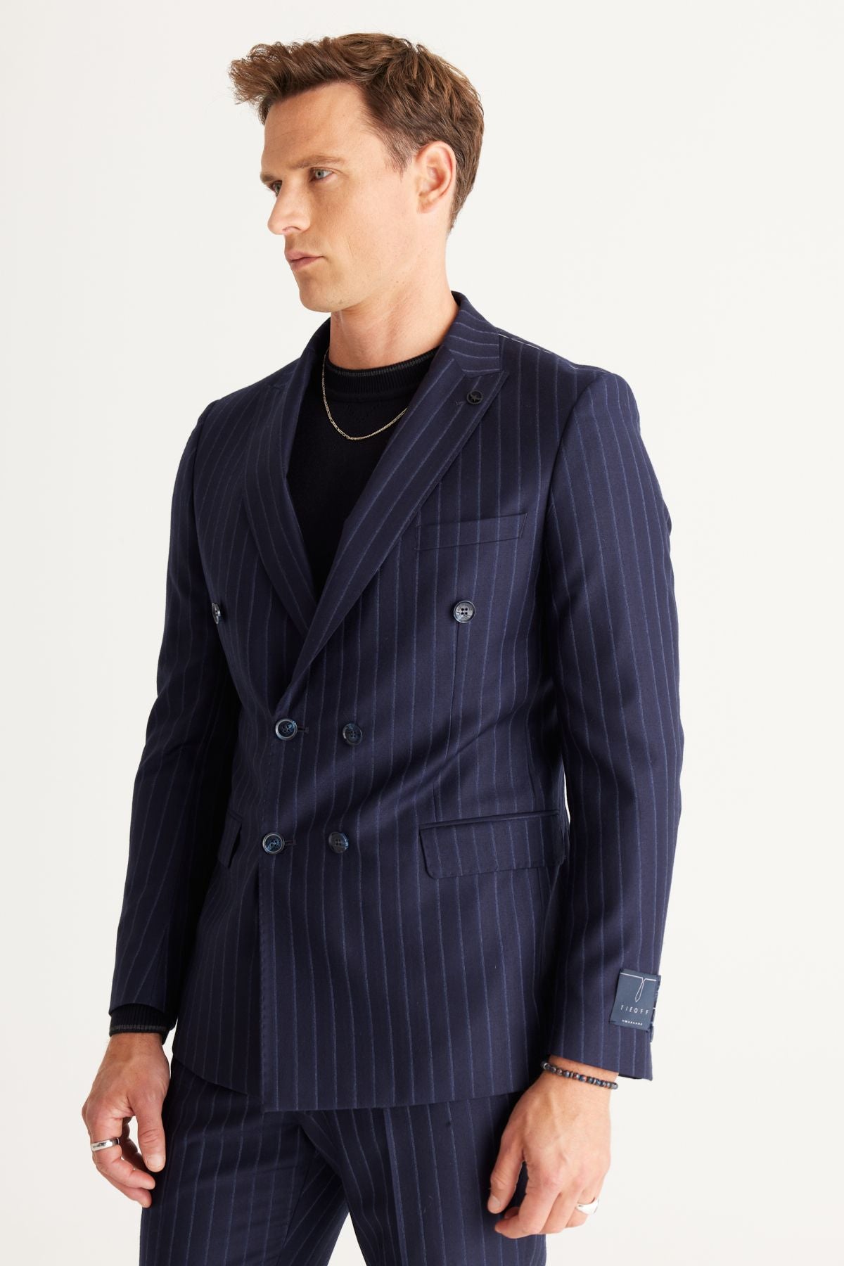 Men's Navy Blue Slim Fit Narrow Cut Swallow Collar 100 %Wool Striped Suit