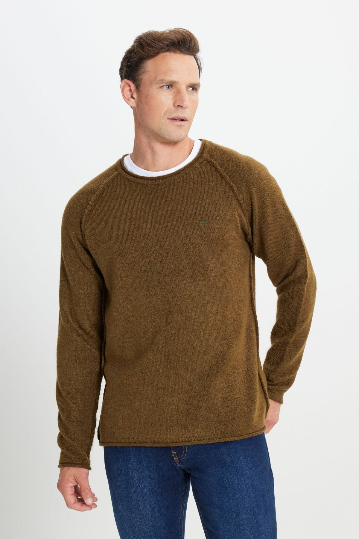 Men's Khaki Standard Fit Normal Cut Bicycle Collar Soft textured knitwear sweater