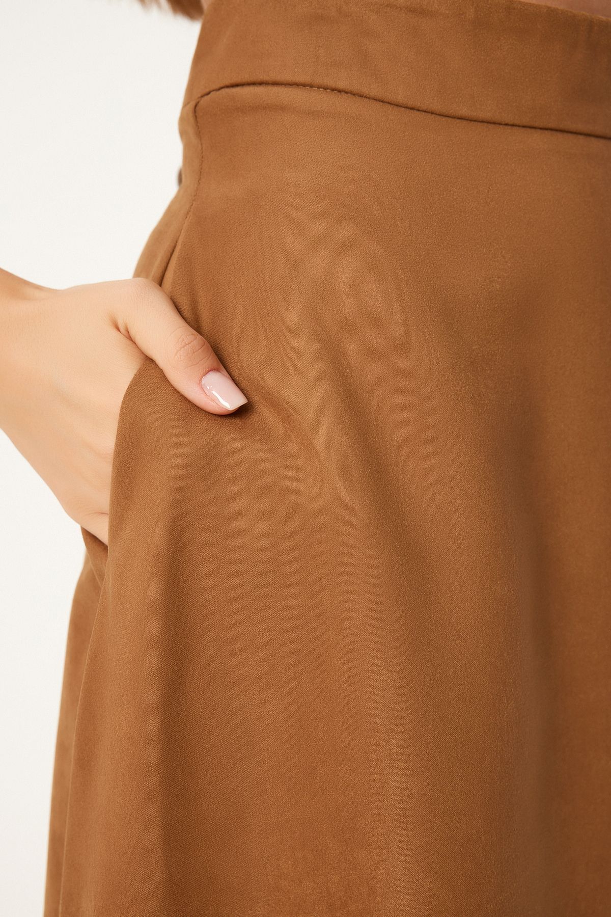 Female Camel Pocket Jacquard Süet Kloş Skirt RG00045