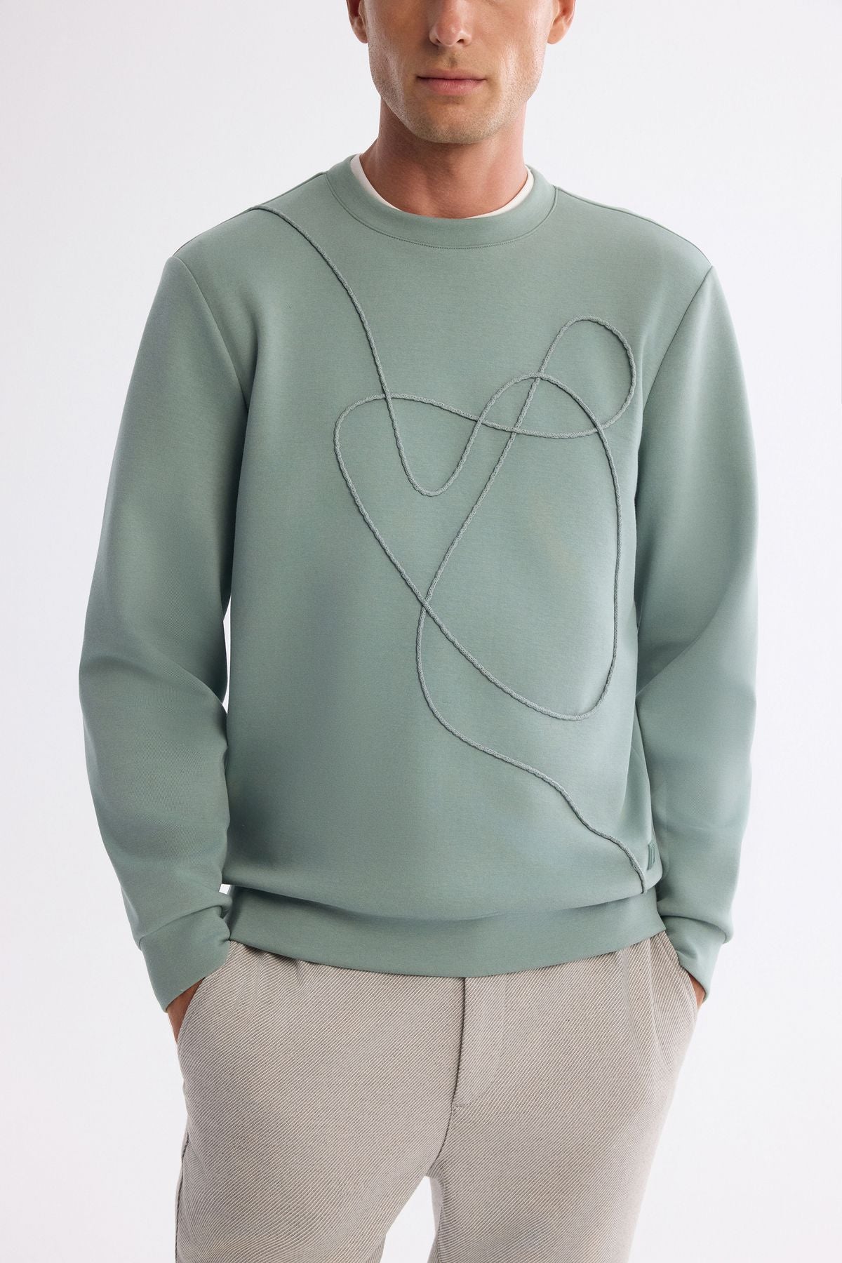 Men's Mint Green Bike Collar Cotton Embroidery Sweatshirt A42y1247