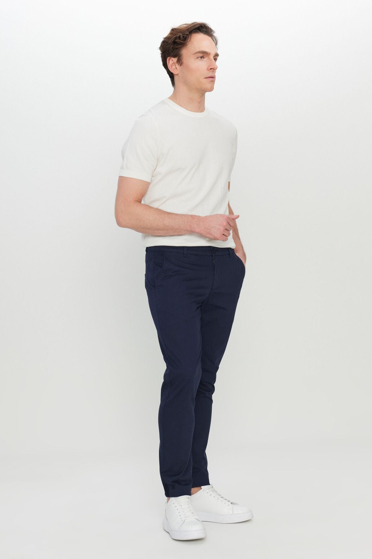 Men's navy blue cotton slim fit narrow cut side pocket flexible casual pants