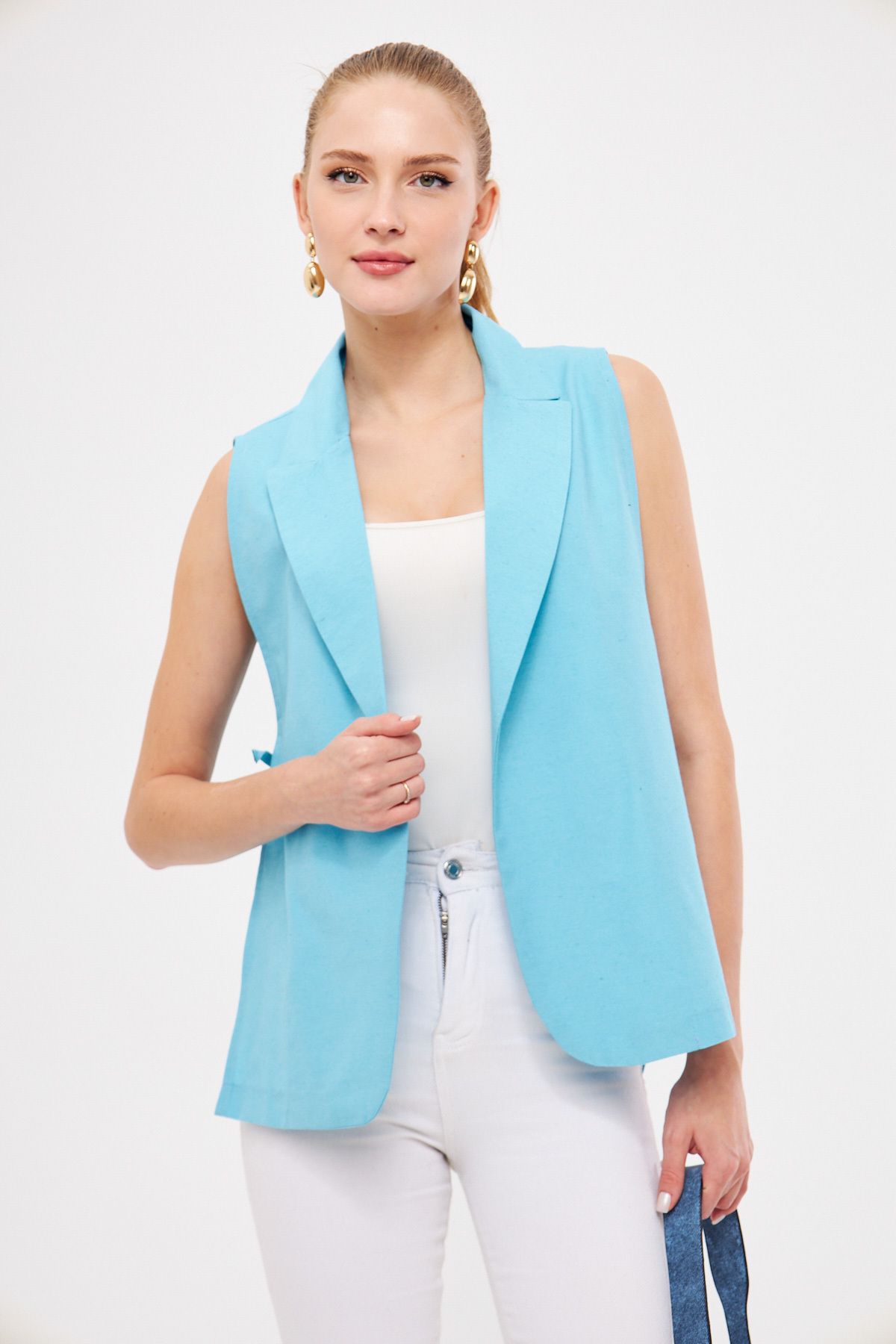 Female turquoise men's collar side-binding vest ARM-25K001007