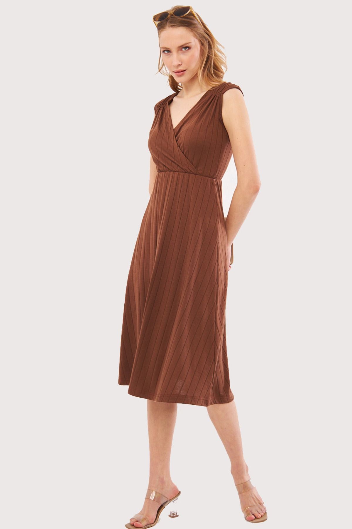 Female Coffee Waist and Shooter Skill Cruve Cruve Midi Boy Dress ARM-24Y001017