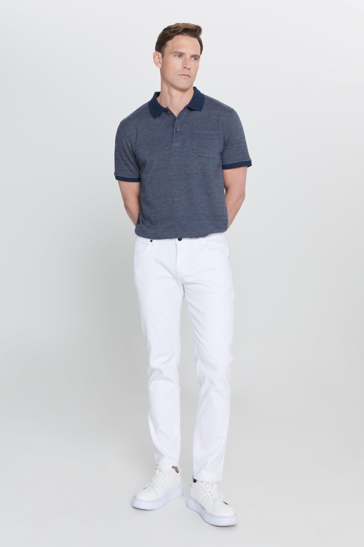 Men's white 360 degrees stretching in all directions slim fit narrow cut diagonal patterned pants