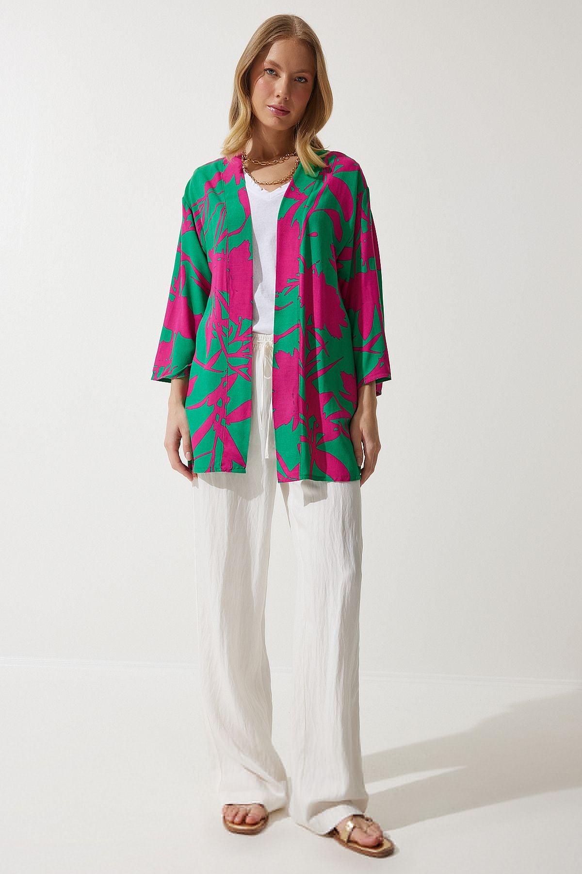 Female green pink patterned viscone Kimono EN00615
