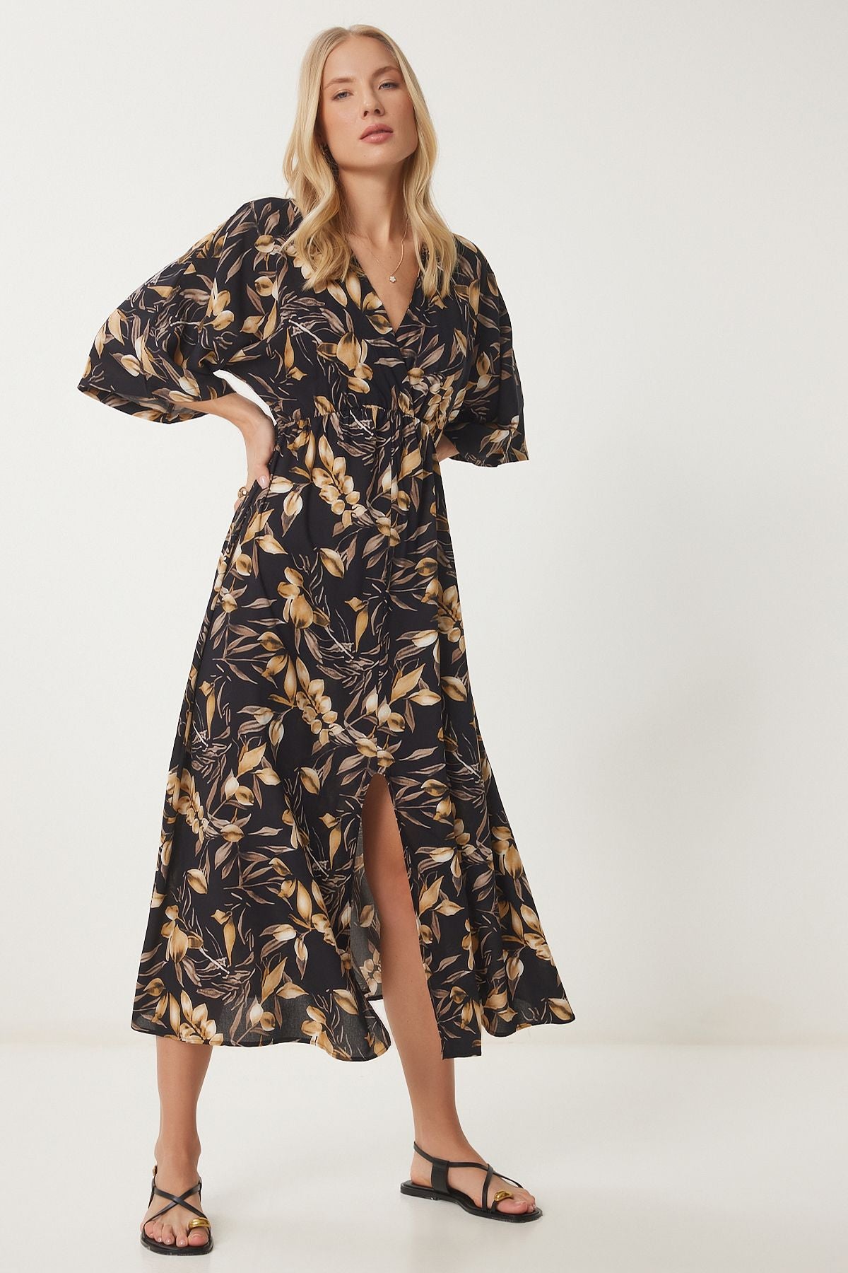 Female Black Beige Anvelop Yaka Patterned Summer Viscose Dress DK00166