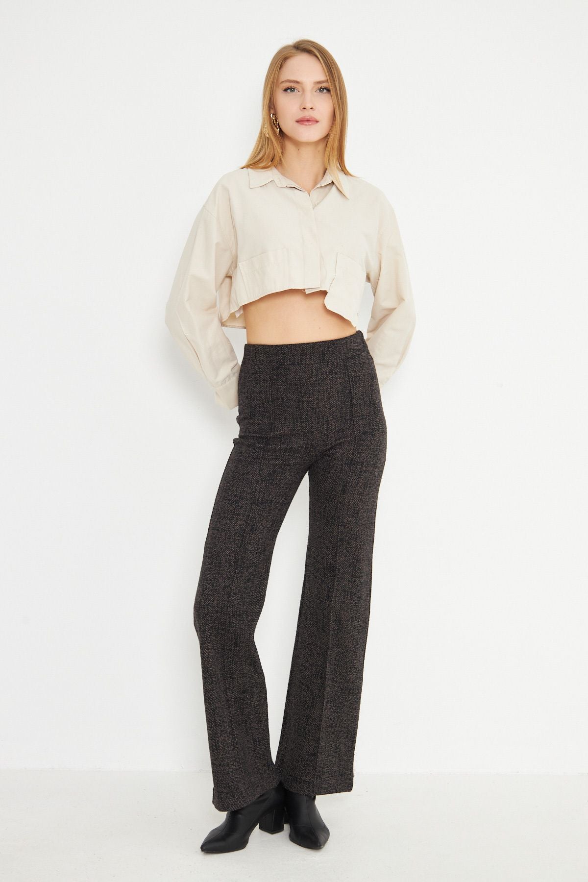 Women's Coffee Waist Rubber Ironing Track Sewing Pants ARM-25K001058
