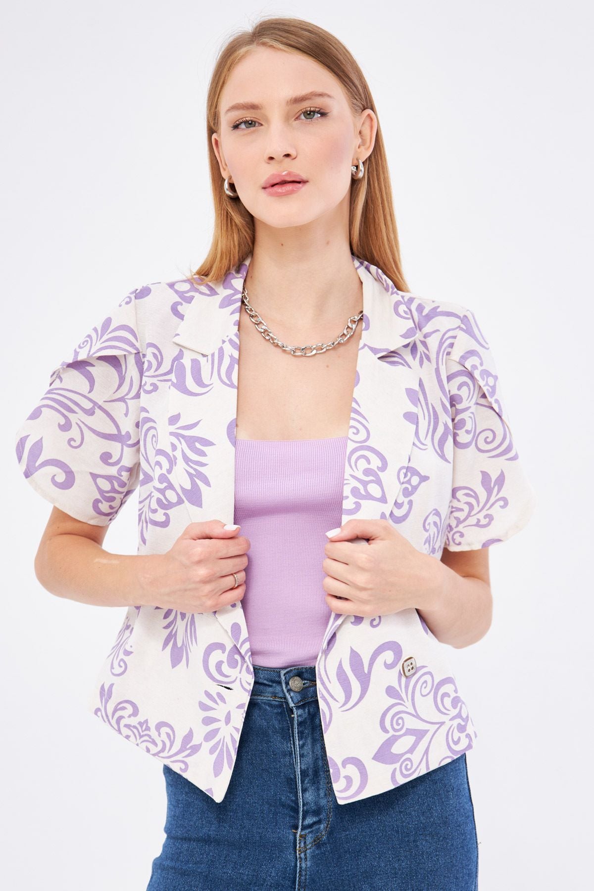 Woman Lilac Flax Looking Patterned Band Slit Crop Short Sleeve Jacket ARM-24Y001095