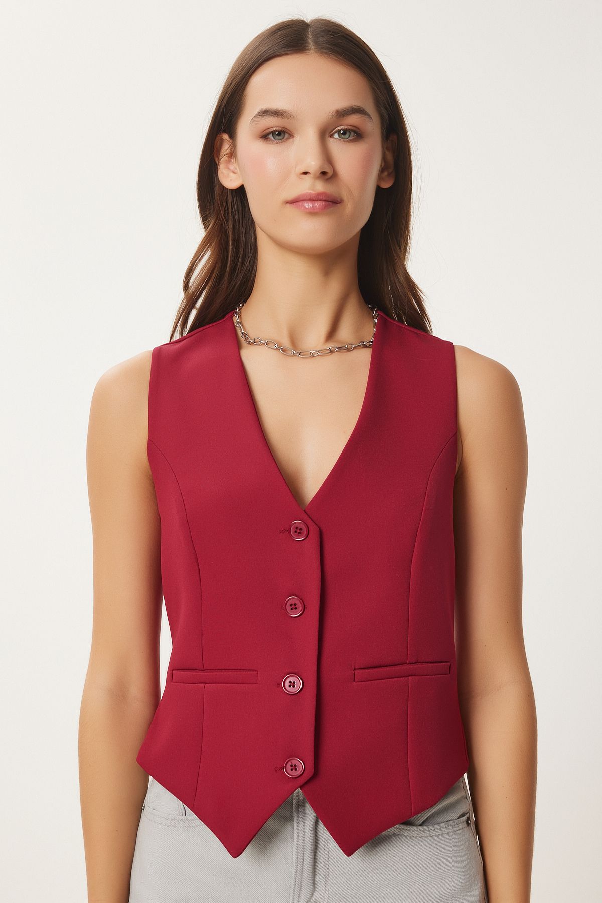 Woman Burgundy Sitting on the Body Short Woven Vest To00048