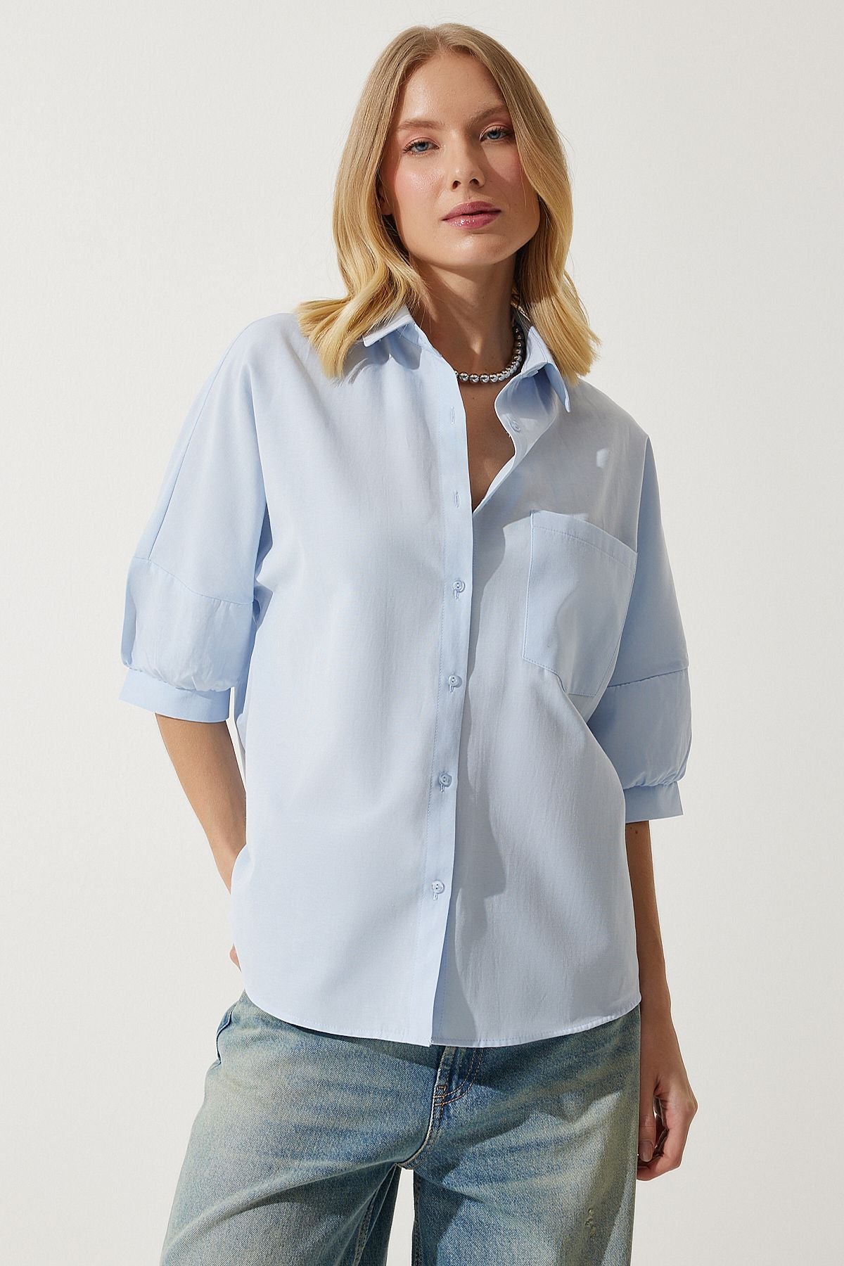 Woman Sky Blue Balloon Sleeve Poplin Shirt DD01308