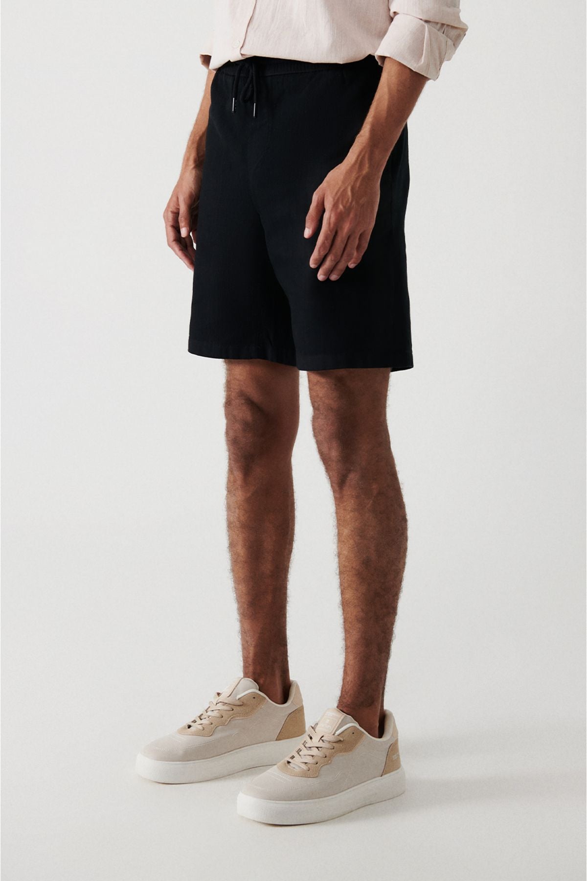 Men's black 100 %cotton side pocket waist waist linen textured shorts E003603