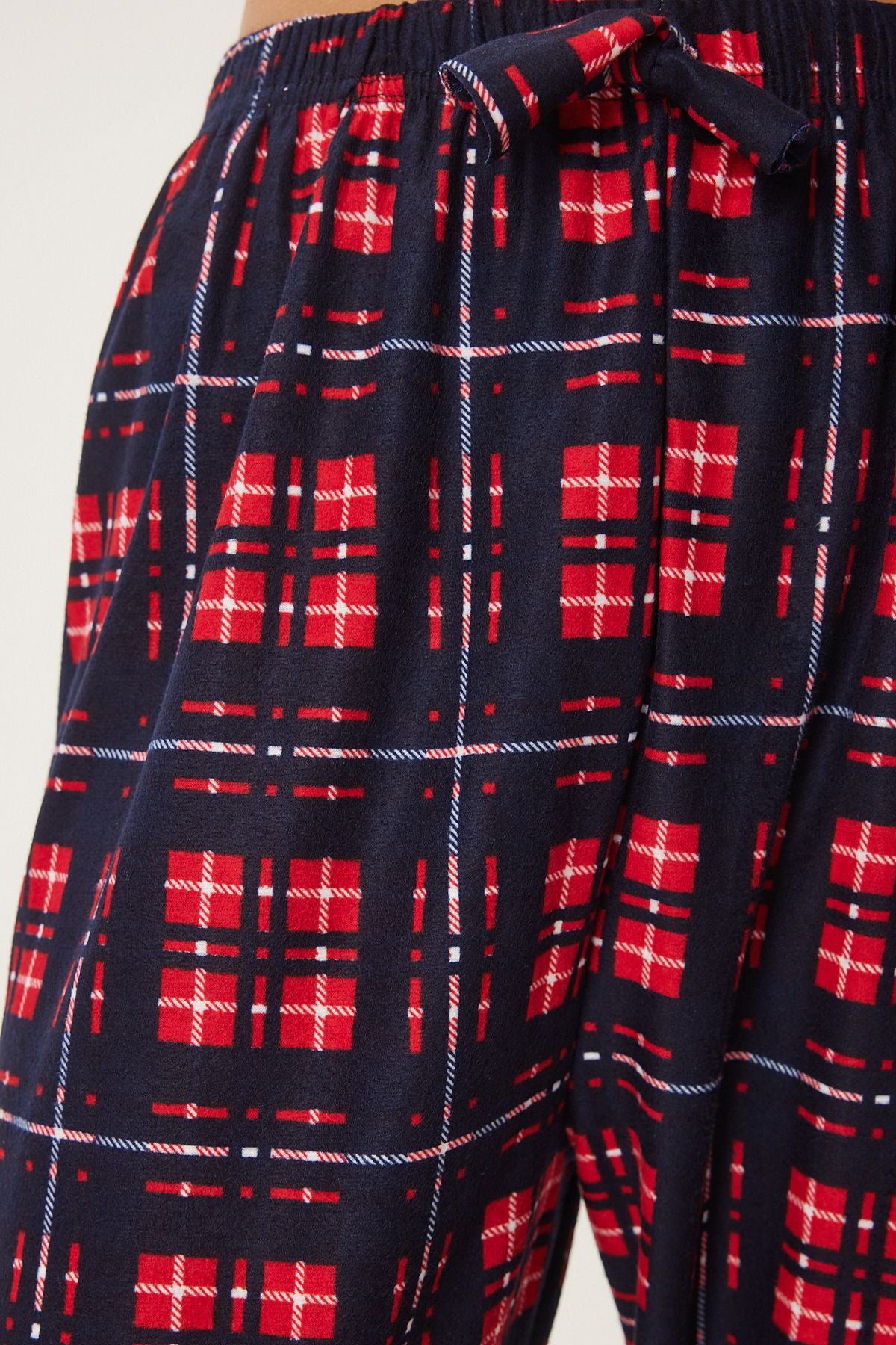 Woman Navy blue Red Patterned Soft textured knitted pajamas Six Ce00089