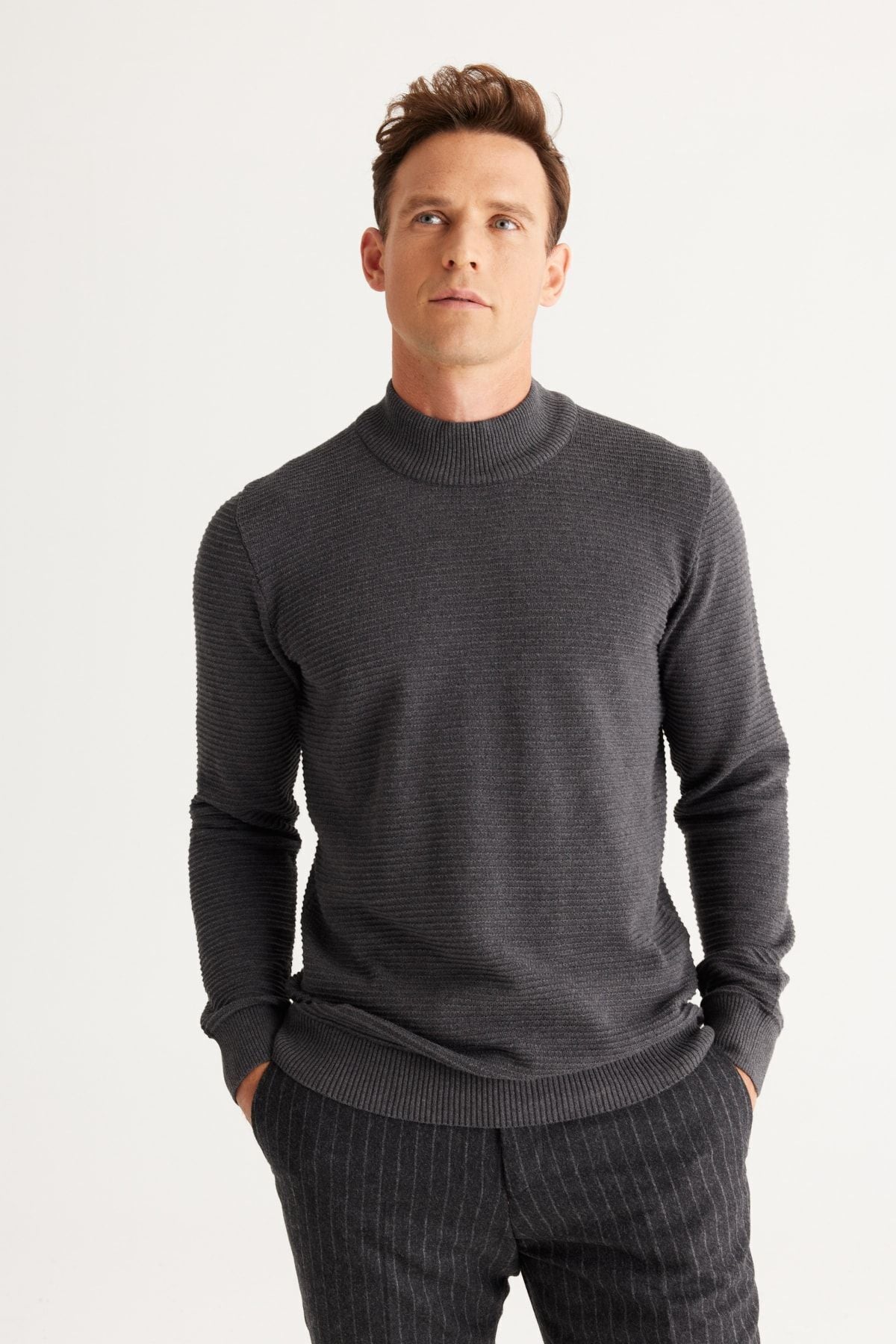 Men's anthracit-melanj standard fit half fisherman collar cotton patterned knitwear sweater