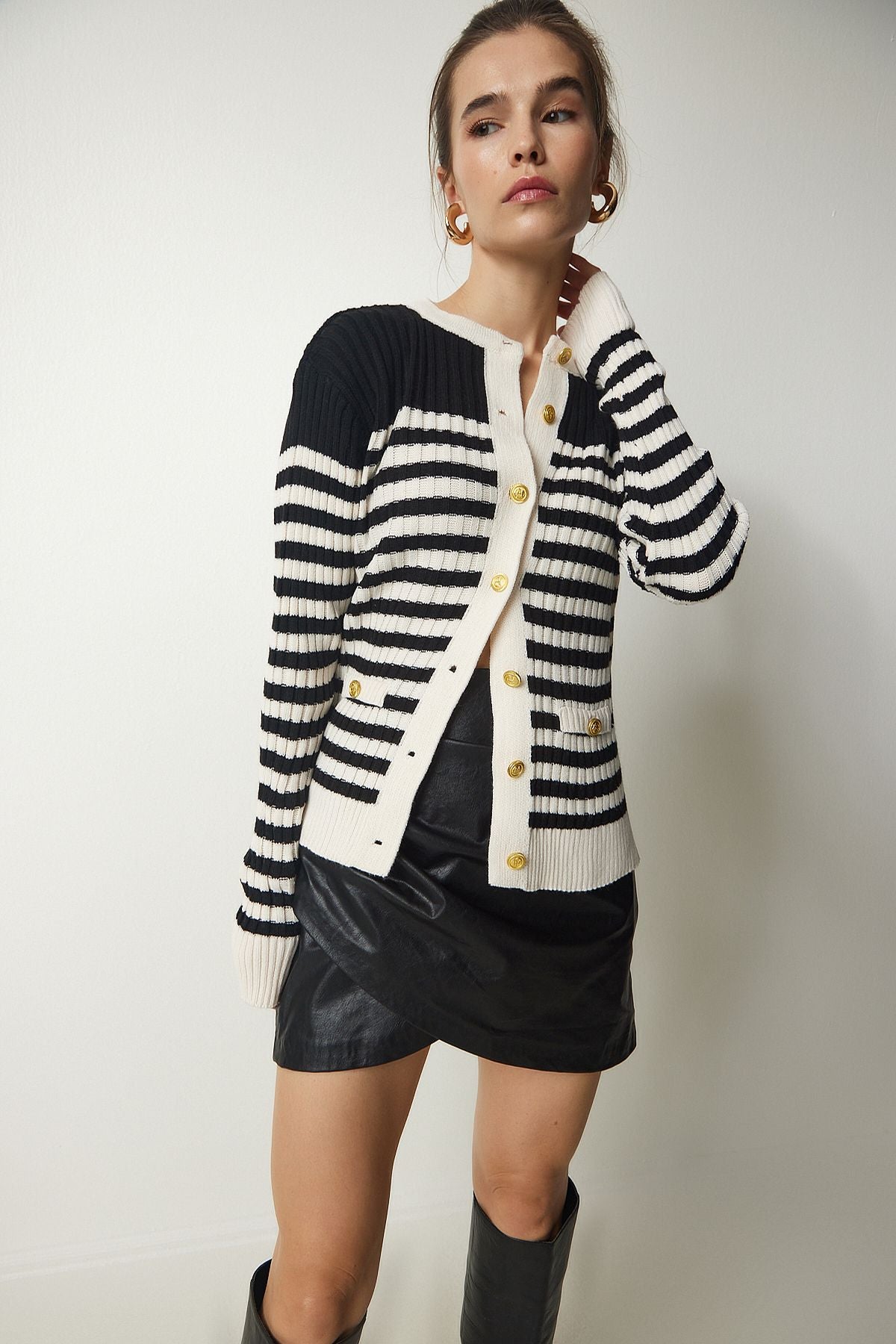 Female black cream metal button detailed knitwear cardigan BP00150