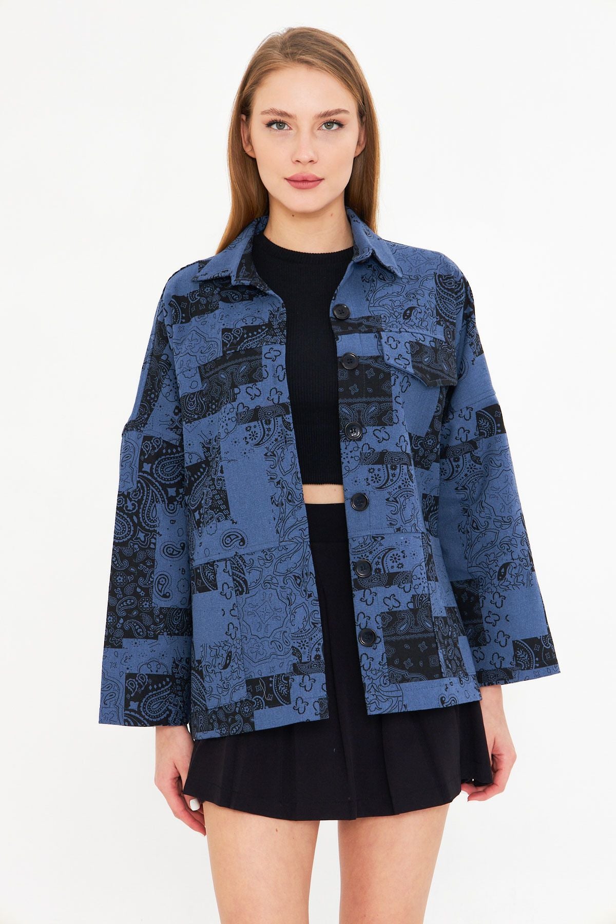 Woman Dark Blue Patterned Pocket Detail Shirt Jacket ARM-25K001071