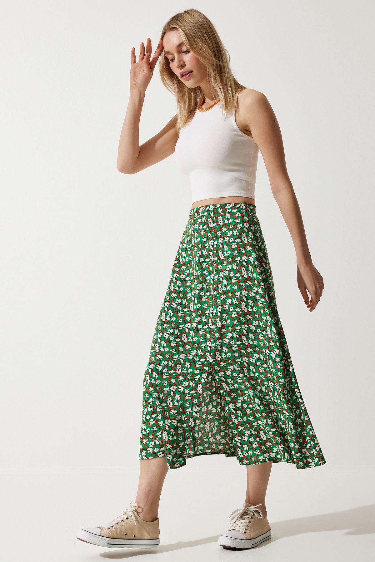 Female green orange floral slit summer viscose skirt MX00165