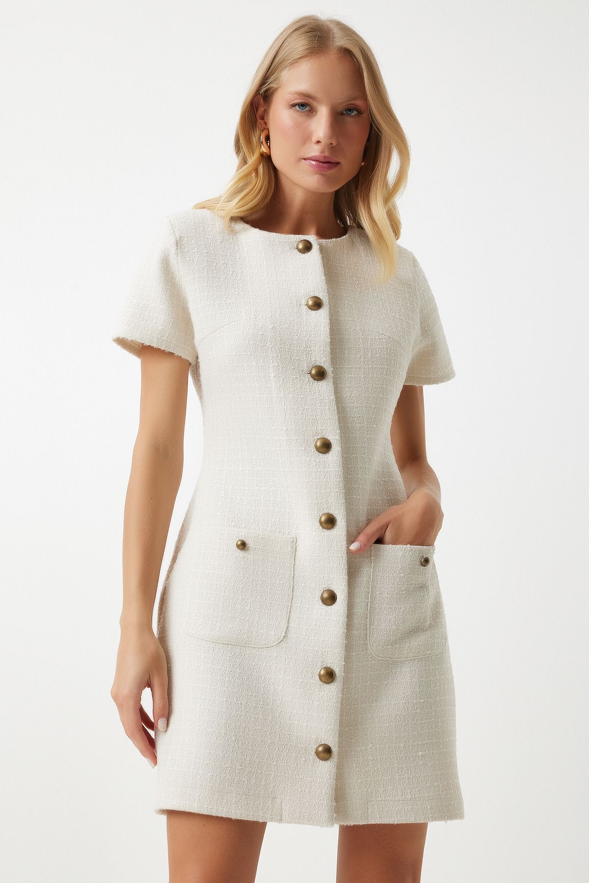 Female bone pocket buttoned mini tüvit dress kj00009