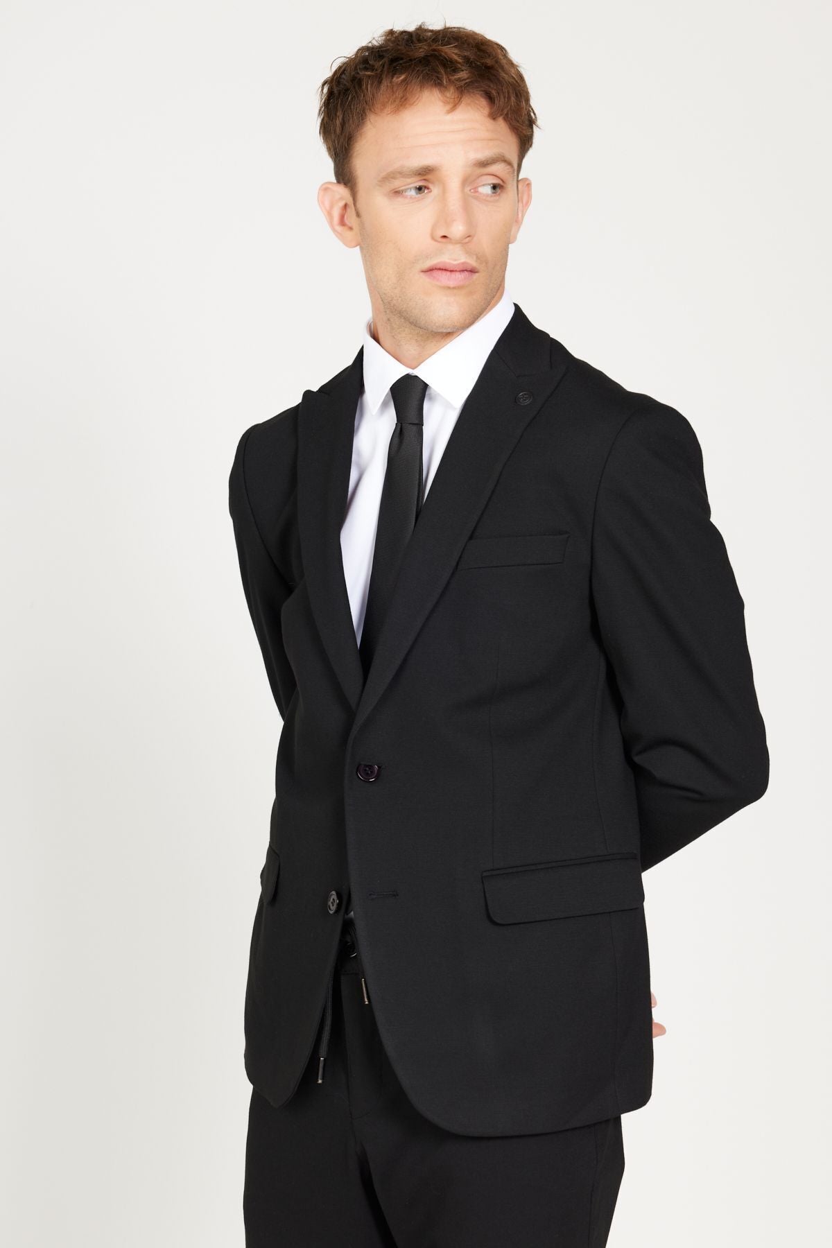Men's Black Slim Fit Narrow Cut Swallow Collar Patterned Suit