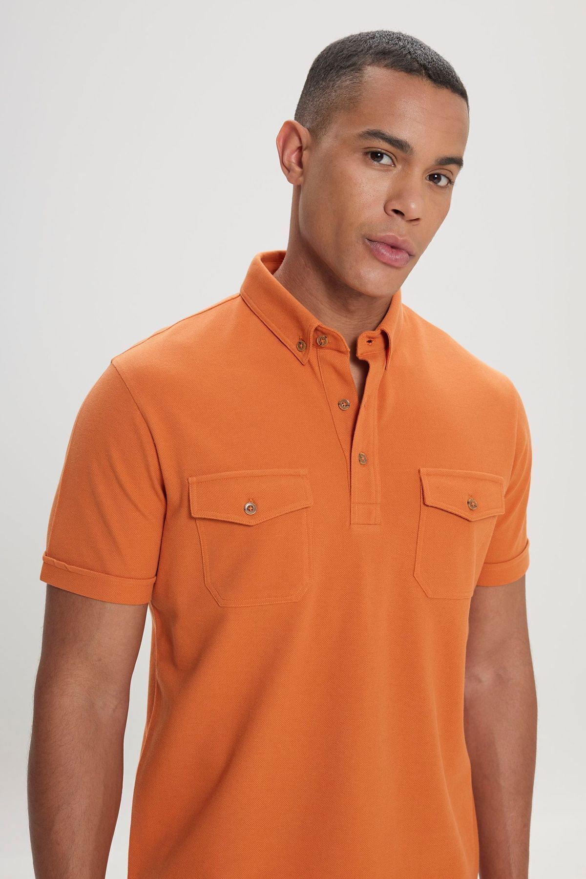 Men's Orange 100 %Cotton Slim Fit Narrow Cut Polo Yaka T -shirt