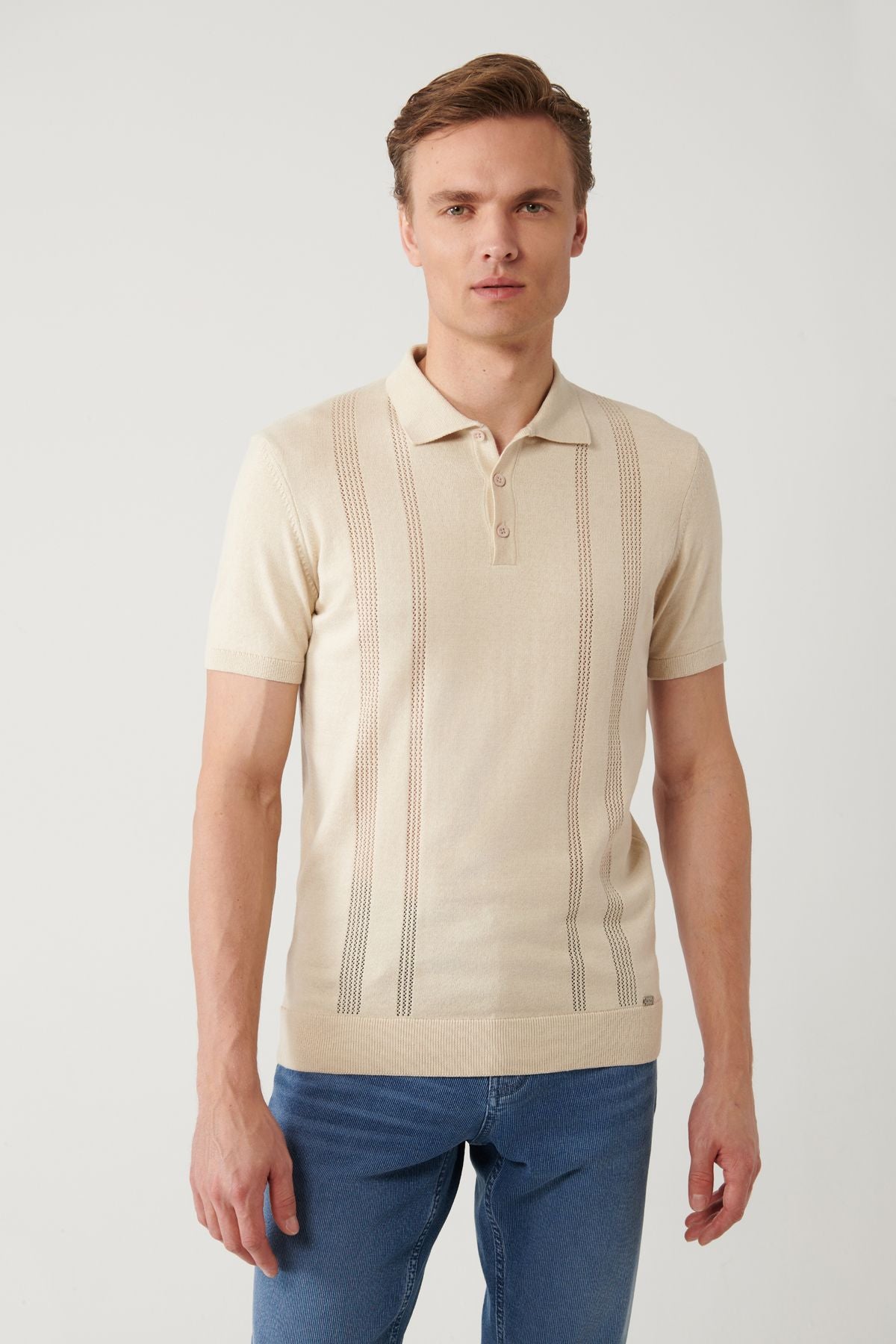 Erkek bej 3 düğmeli ajurlu polo yaka triko t-shirt a41y5096