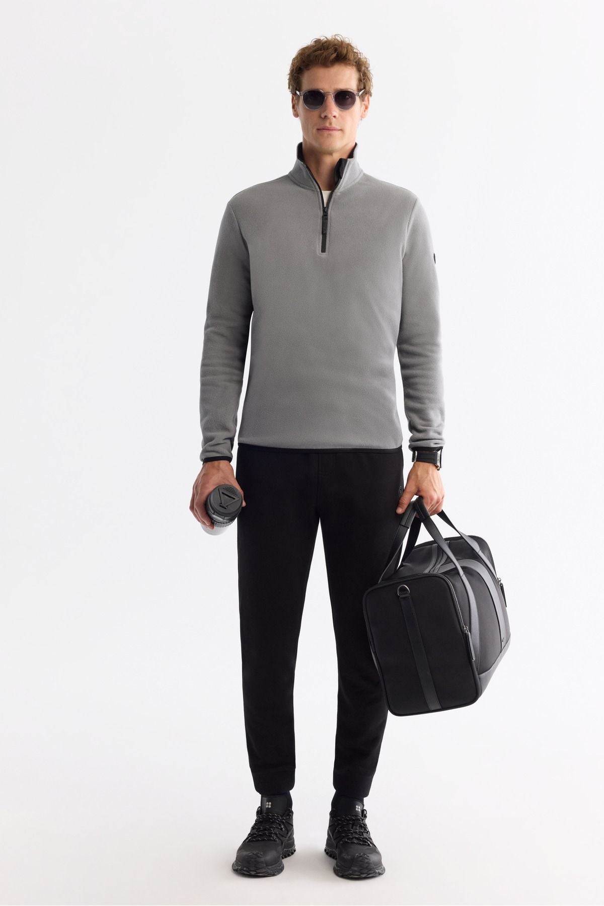 Men's gray cold -resistant half -zipper with perpendicular collar polar sweatshirt E001068