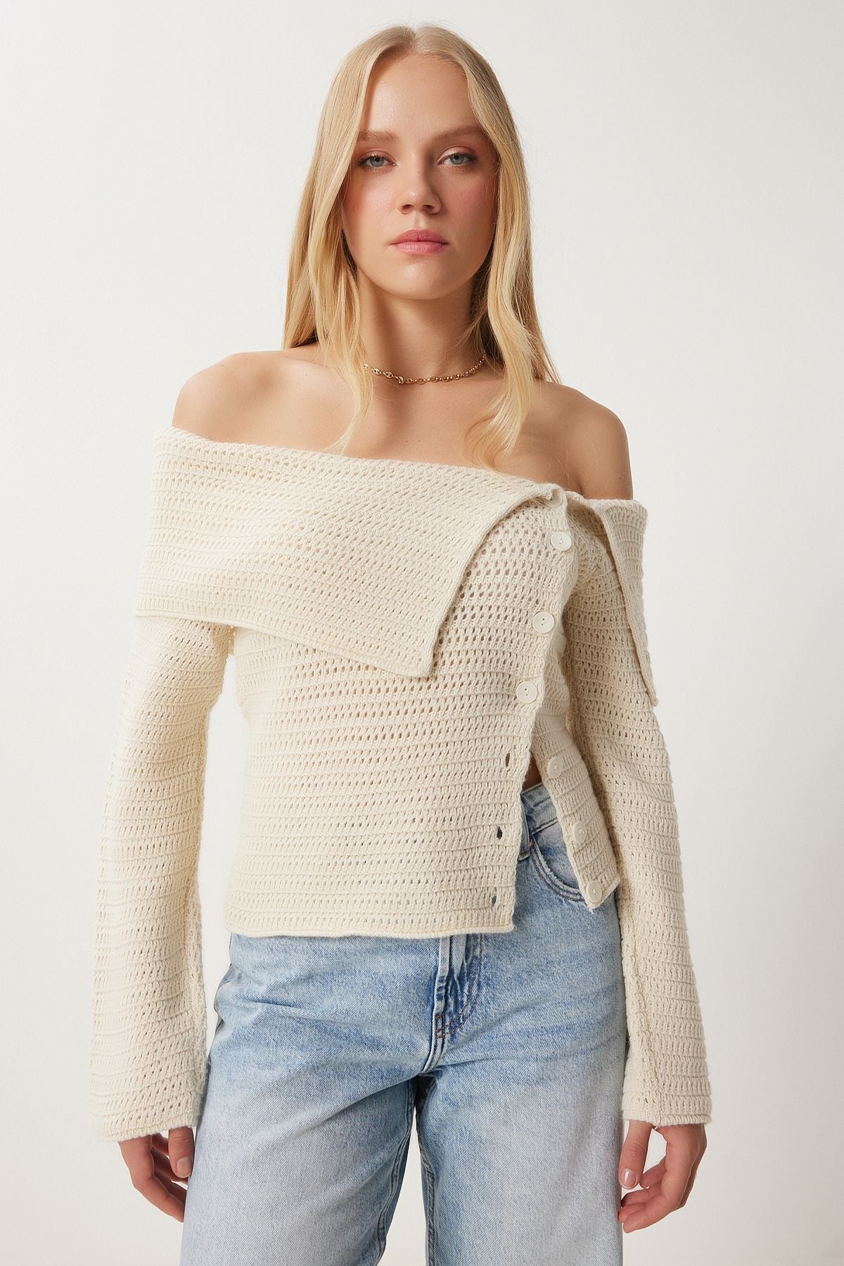 Female beige button low carmen collar knitwear blouse FN03377