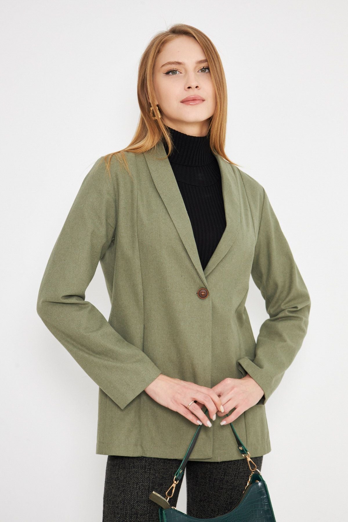 Women's Cagla Green Shawl Bel Bel Sitting Pocket Detail Single Button Jacket ARM-25K001031