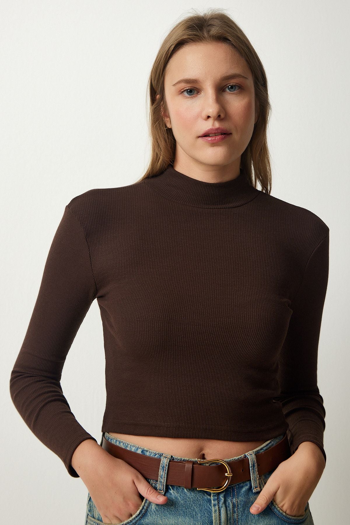 Woman Dark Brown Fisherman Fisherman Crop knitted blouse GT00059