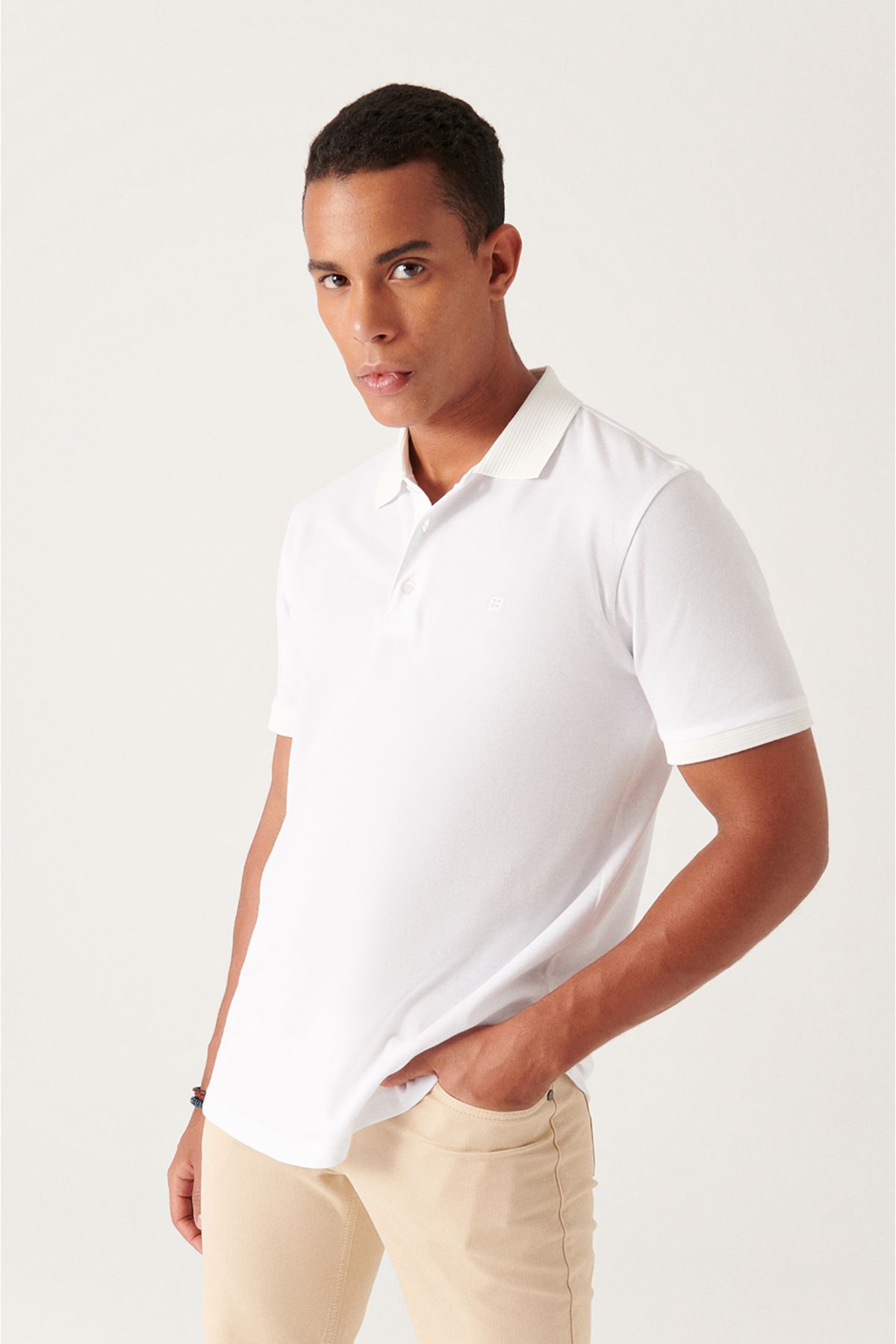 Men's White 3 Button 100 %Corn Cotton Polo Yaka T-shirt B001027