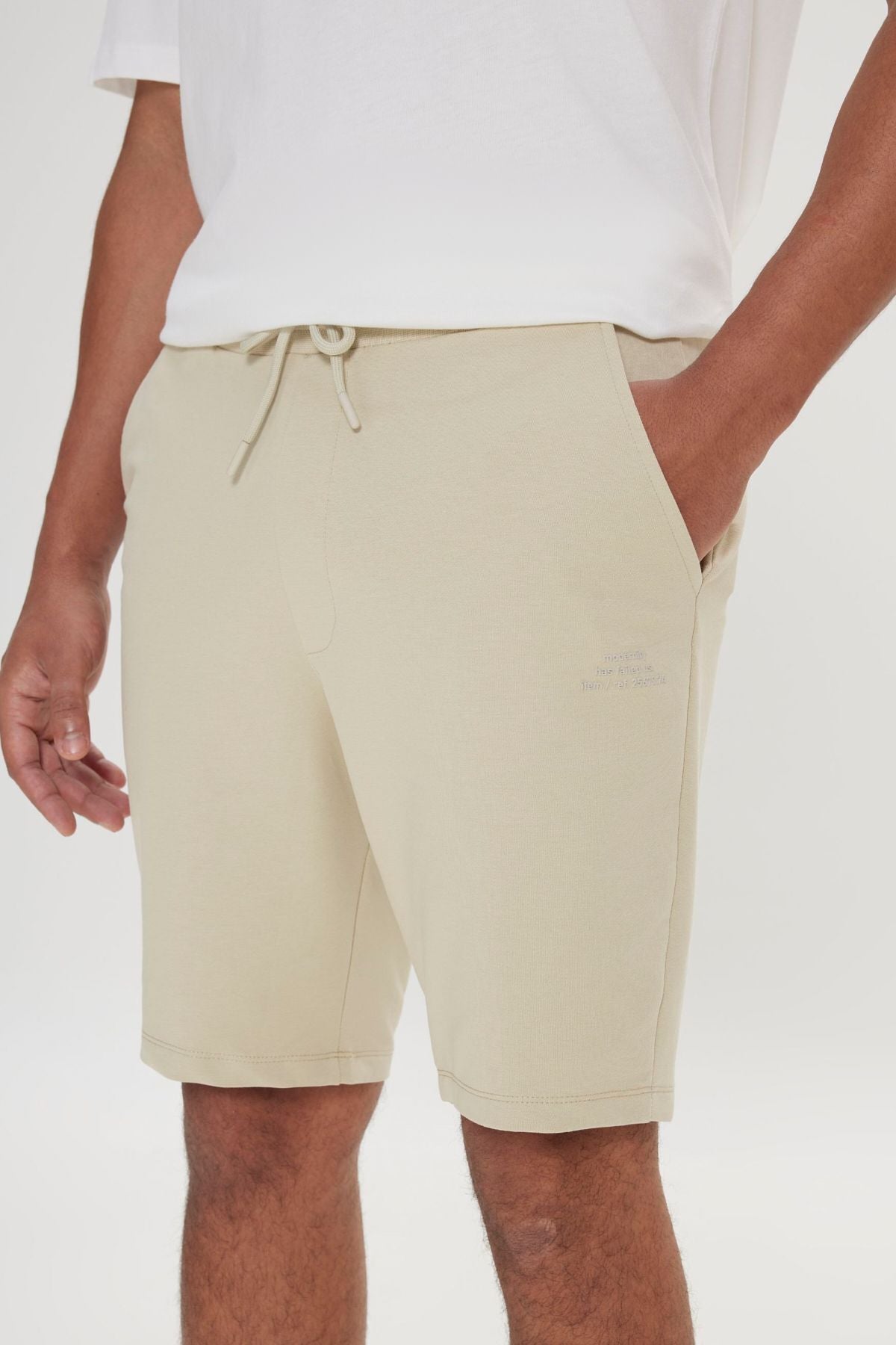 Unisex Beige Standard Fit Normal Cutting Cotton Pocket Flexible Knitting Shorts