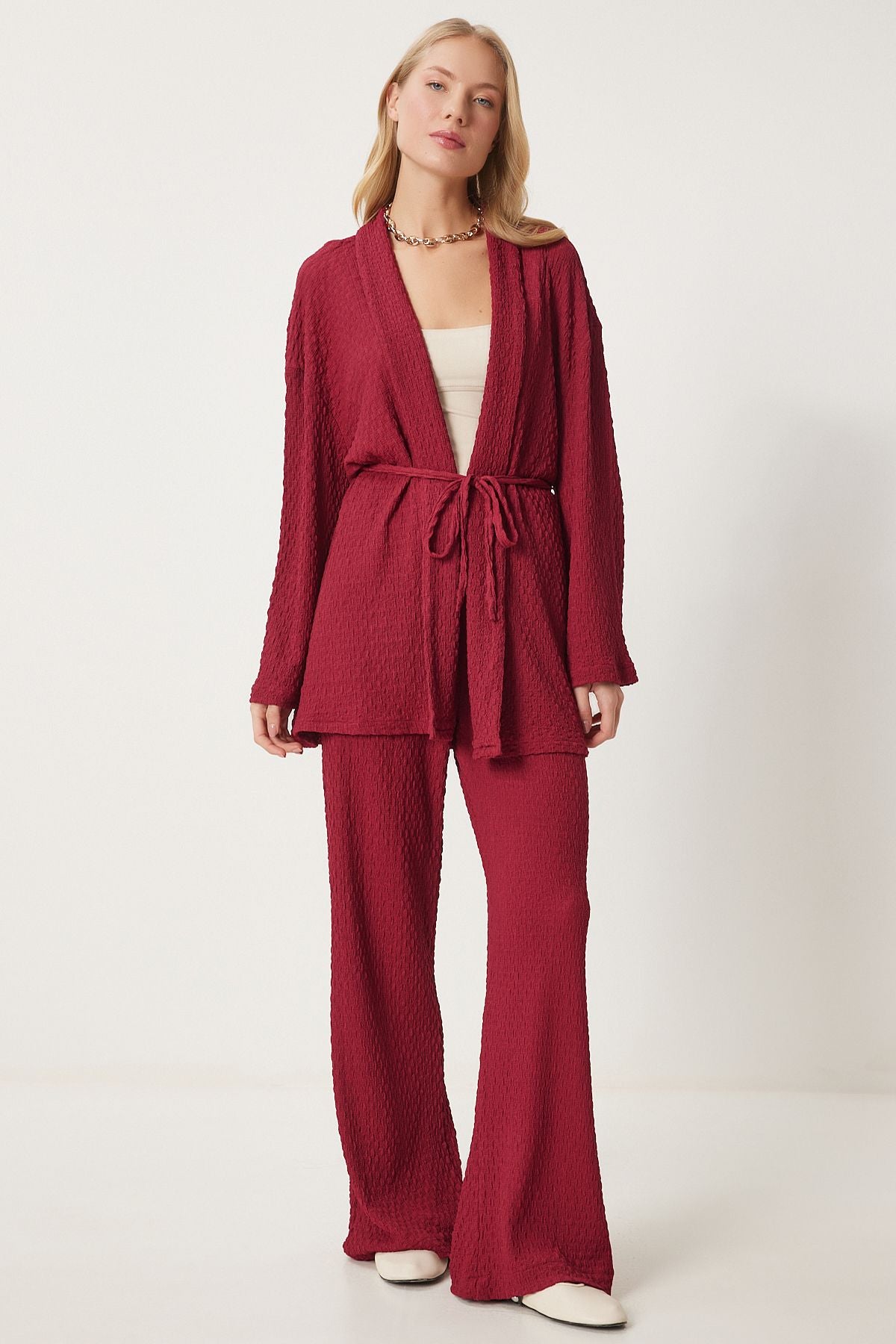 Female burgundy textured knitted kimono pants set RG00046