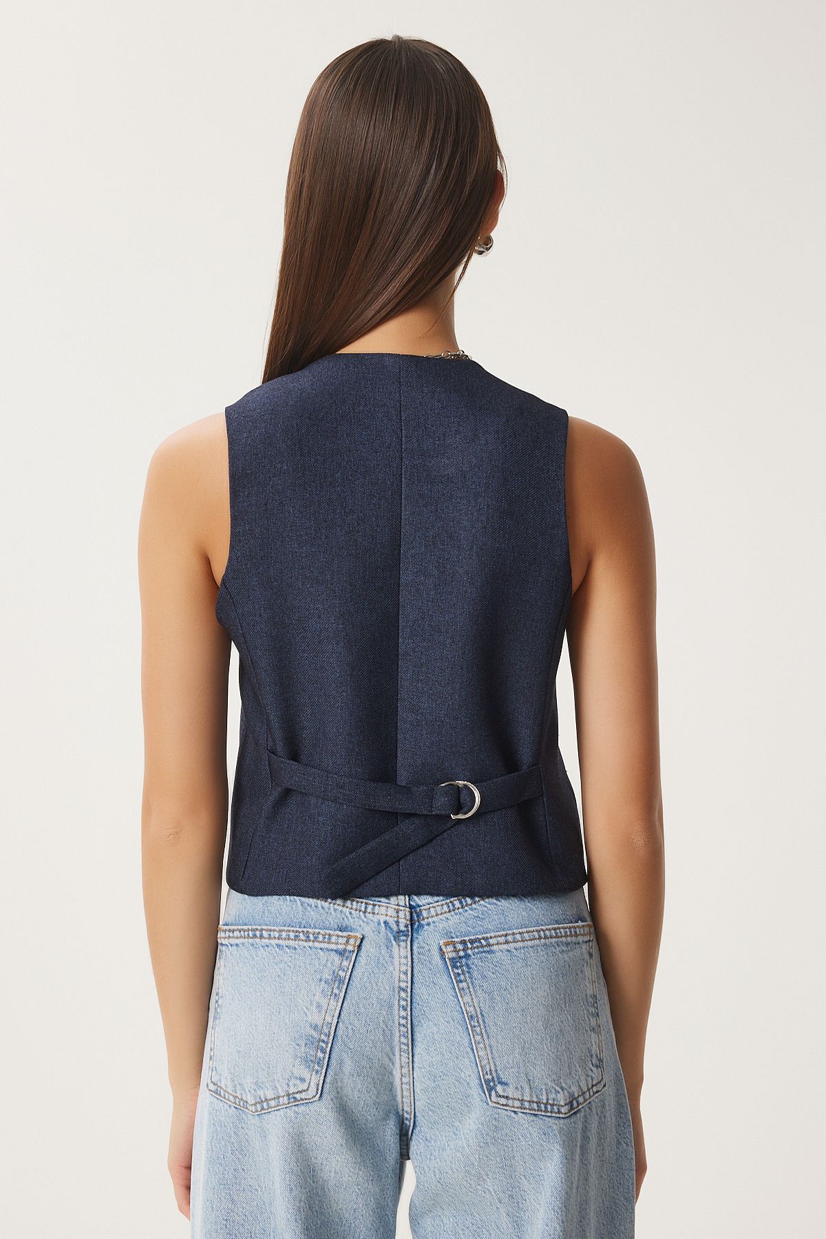 Woman Navy Blue V -Neck Woven Vest GP00014