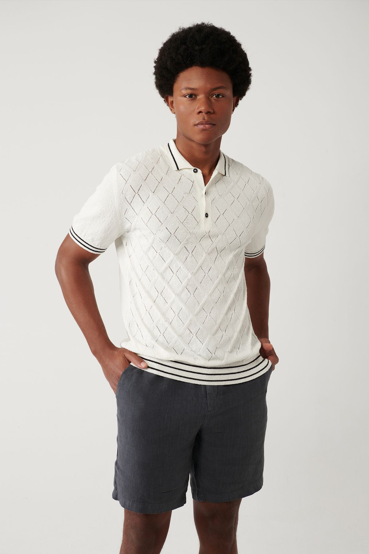 Men's Ecru 3 button with baklava patterned Polo Yaka Triko T-shirt A41y5053