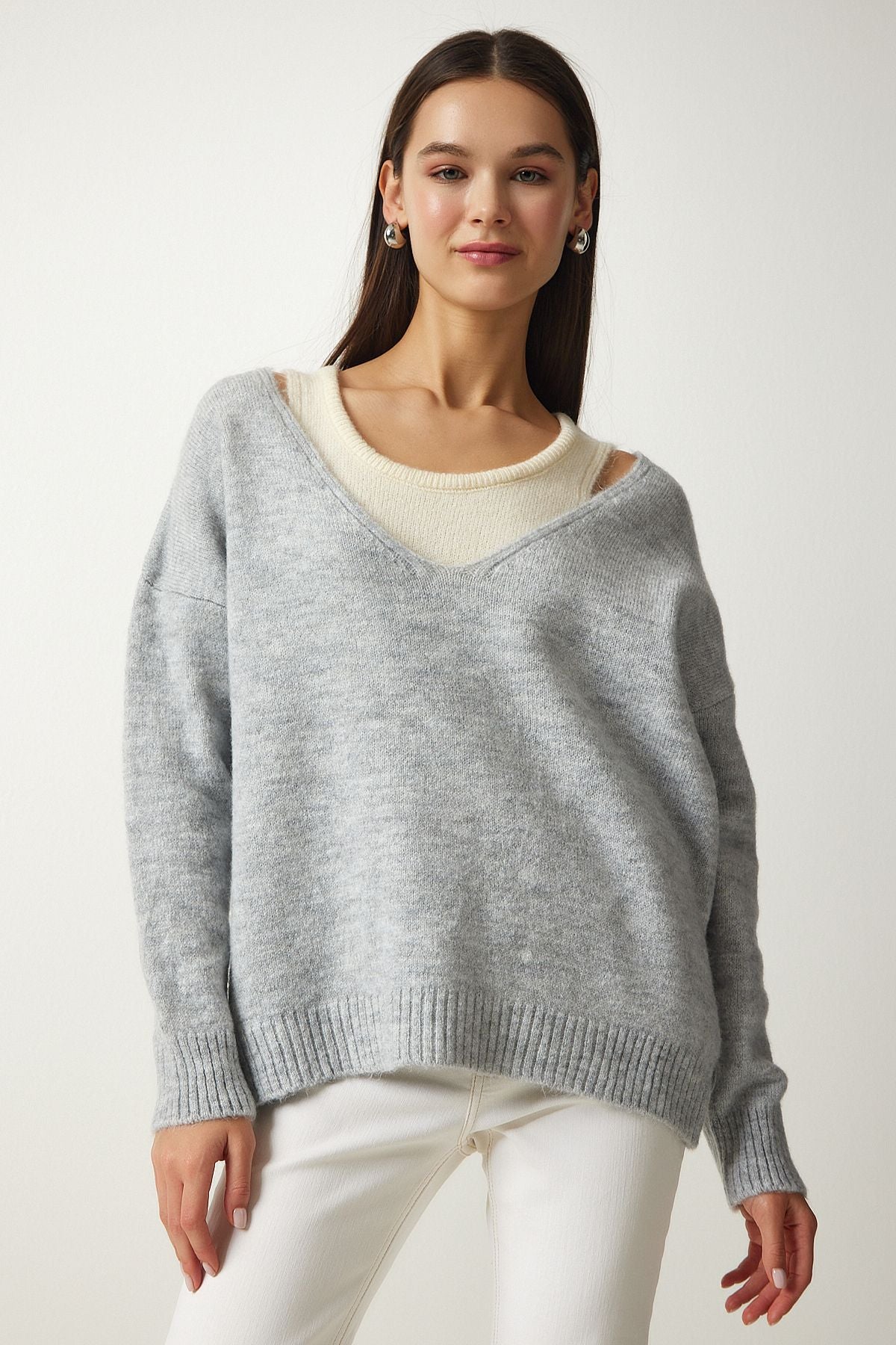 WOMEN'S Gray Athlete Soft textured Binary Knitwear Sweater PF00057