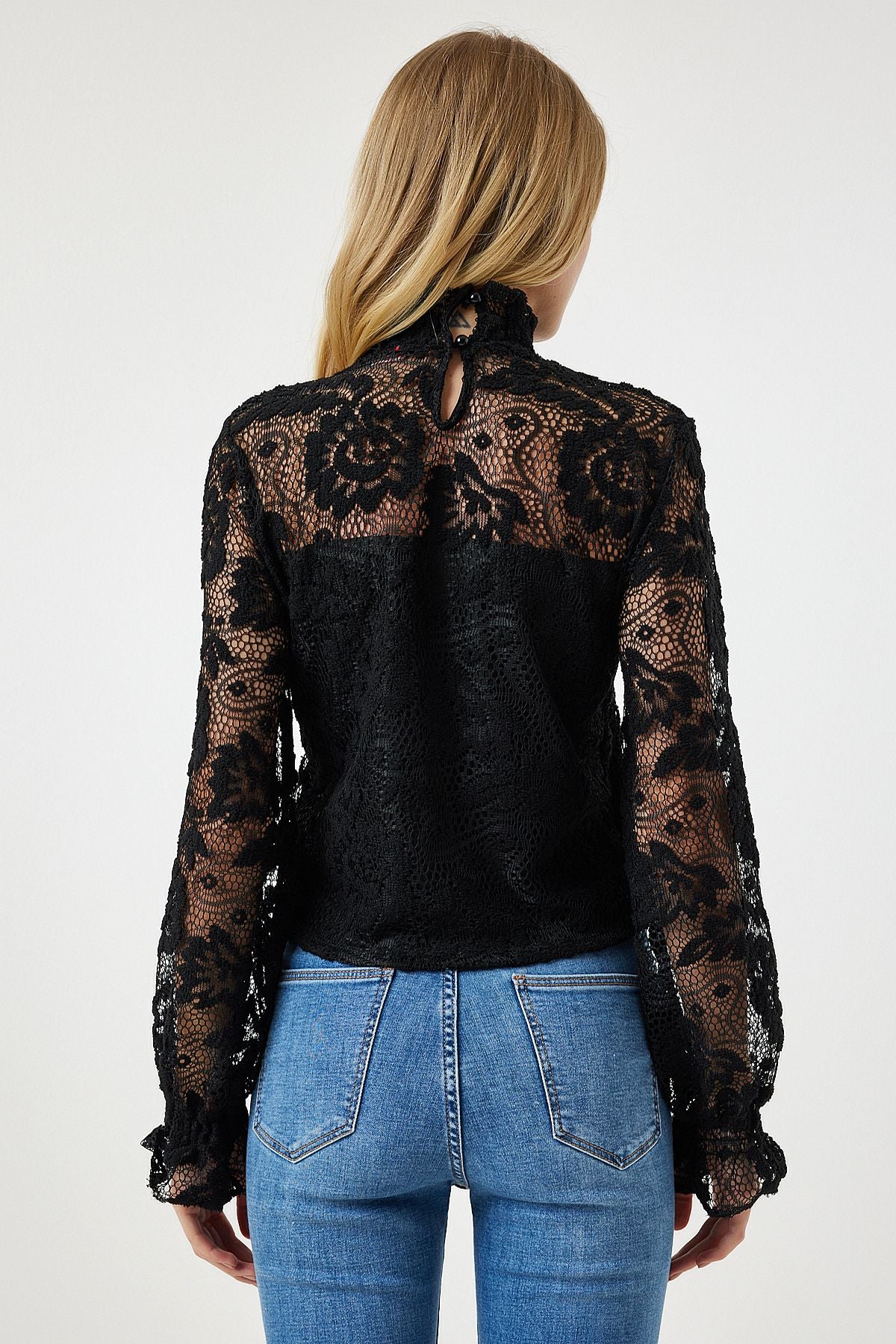 Black upright collar lace stylish blouse tp00022