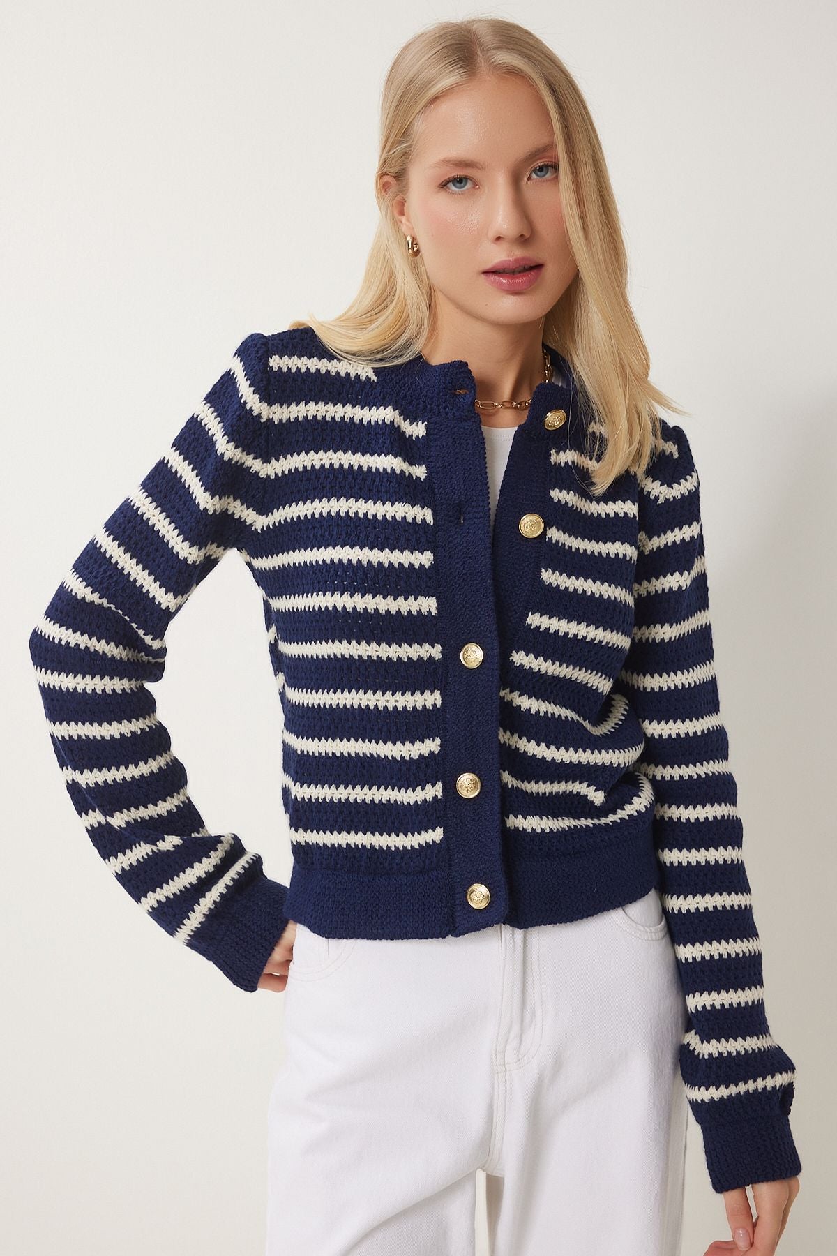 Woman Navy blue striped button thick orlon cardigan Hi00002