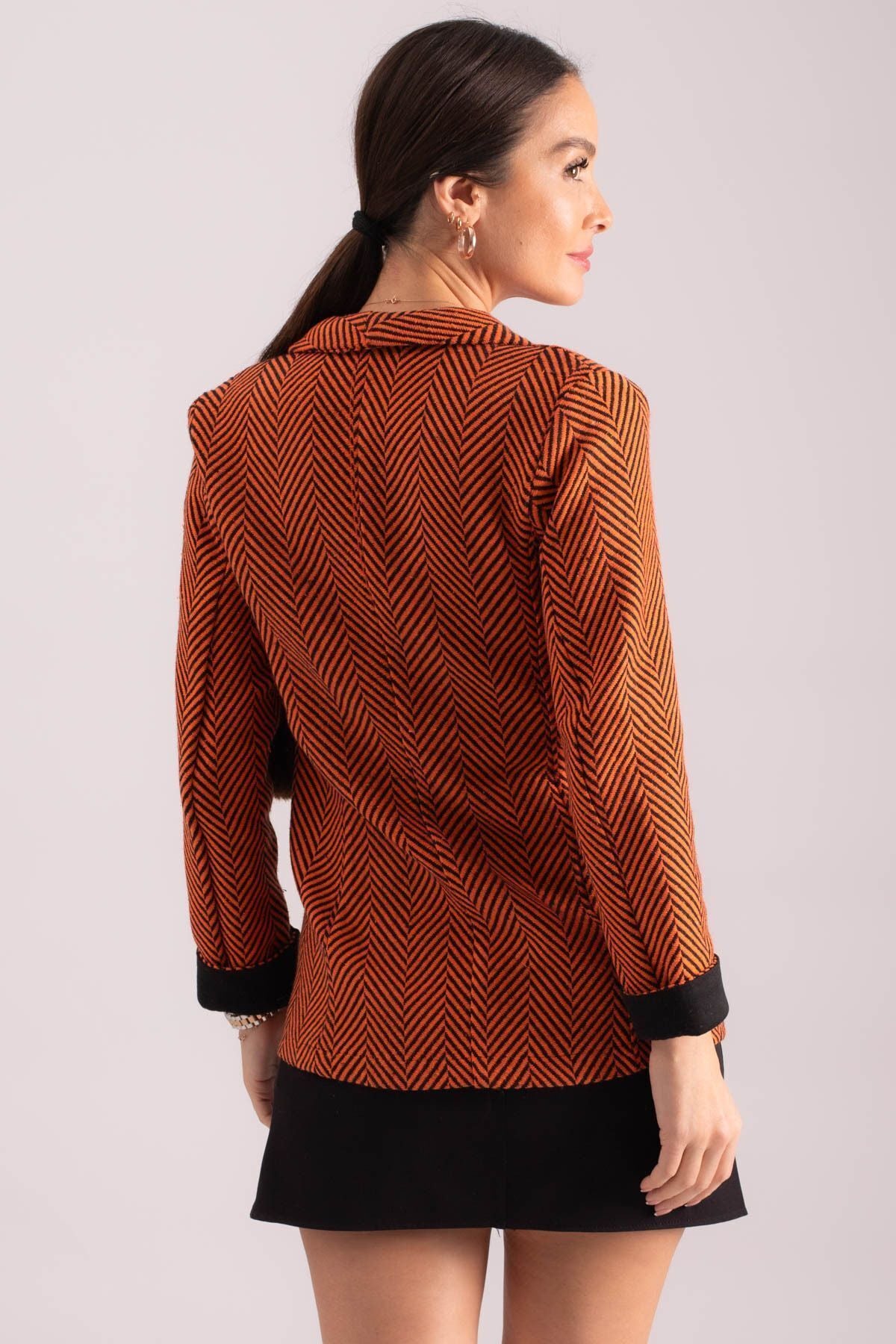 Women's Orange Fish Ridge Pattern Folding Single buttoned stamp jacket ARM-24K001066