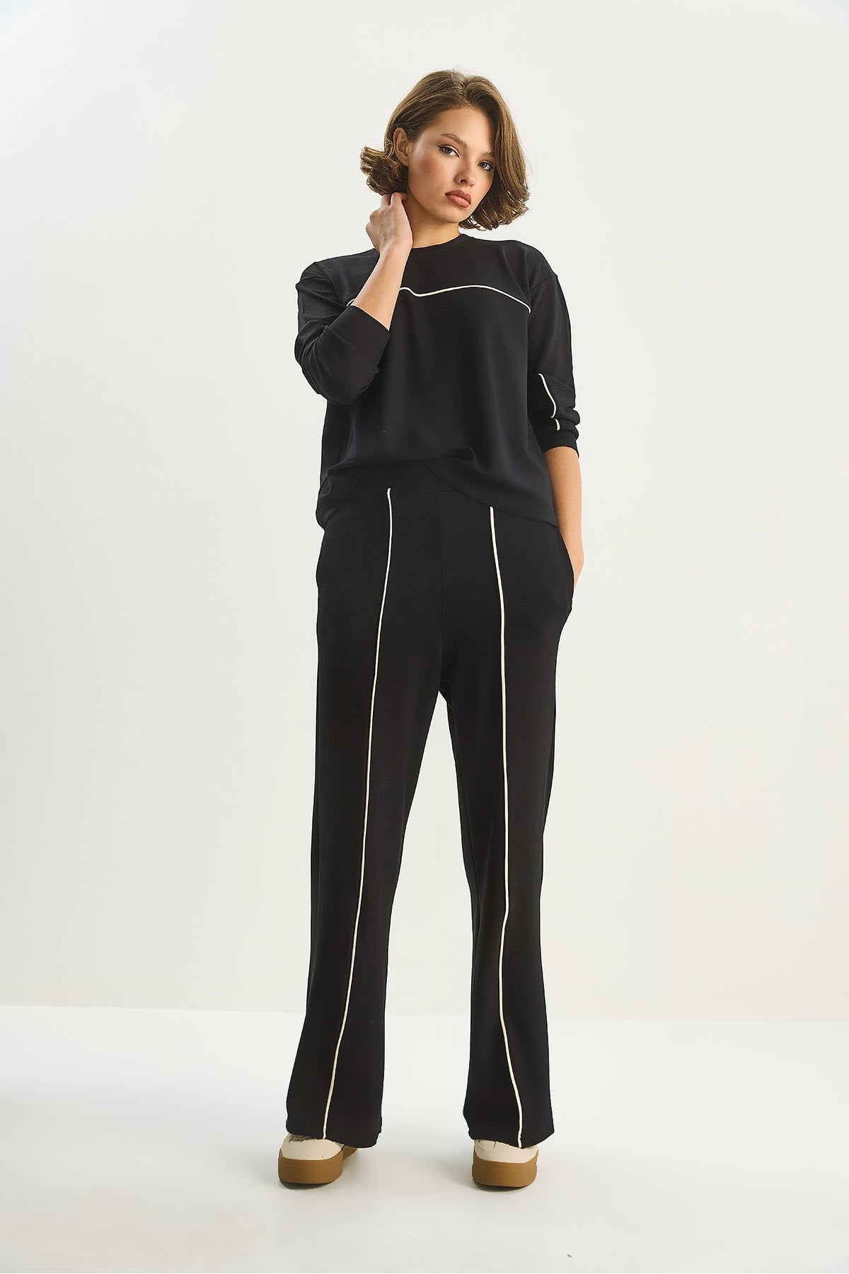 Women's Bikini Neck Long Sleeve Top Elastic Waist Loose Bottom Bias Detailed Modal Suit 60283620