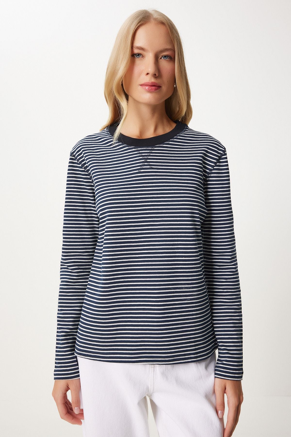 Woman Navy blue striped cotton basic knitted blouse NJ00156
