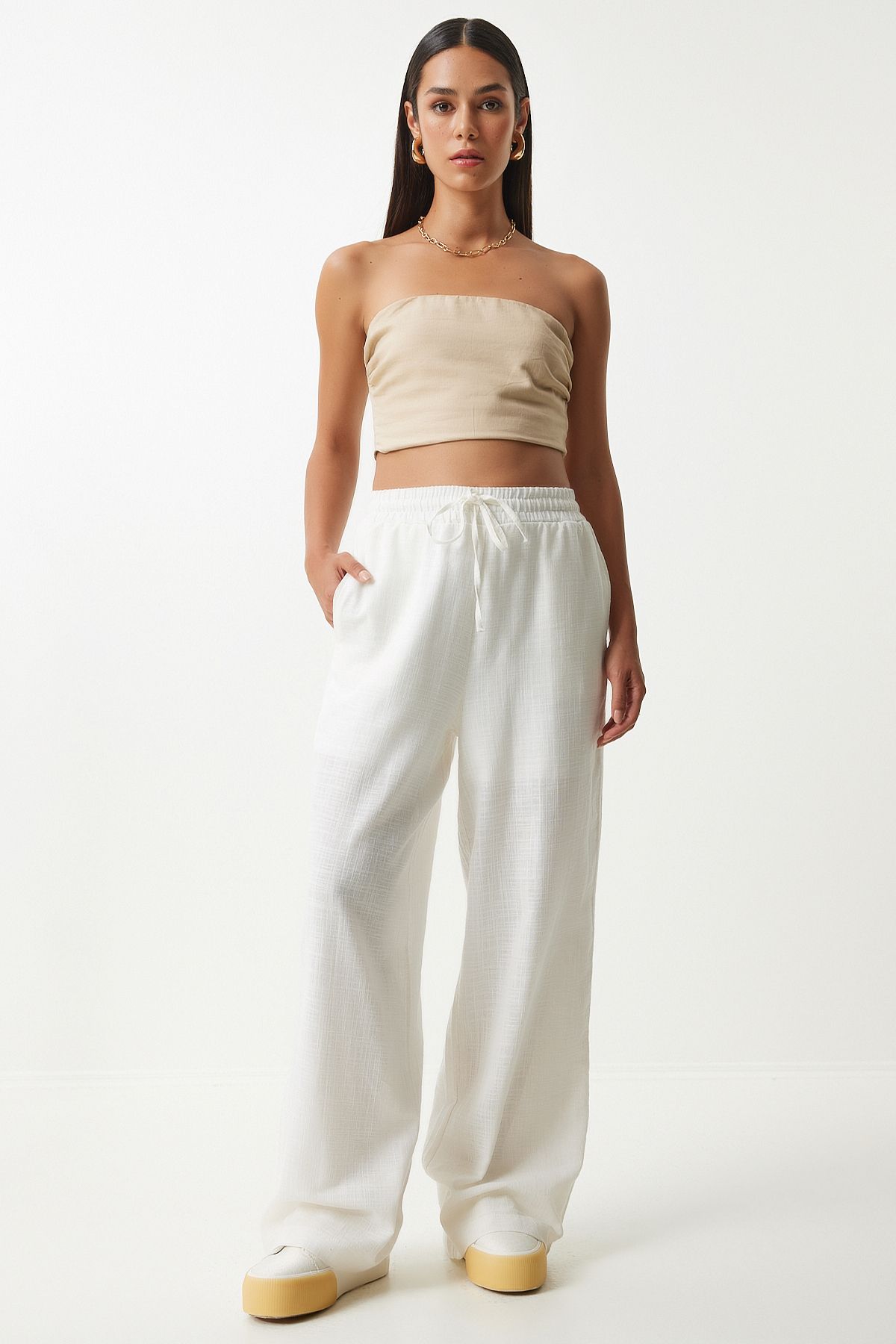 Women's white abundant cut linen pants DP00205