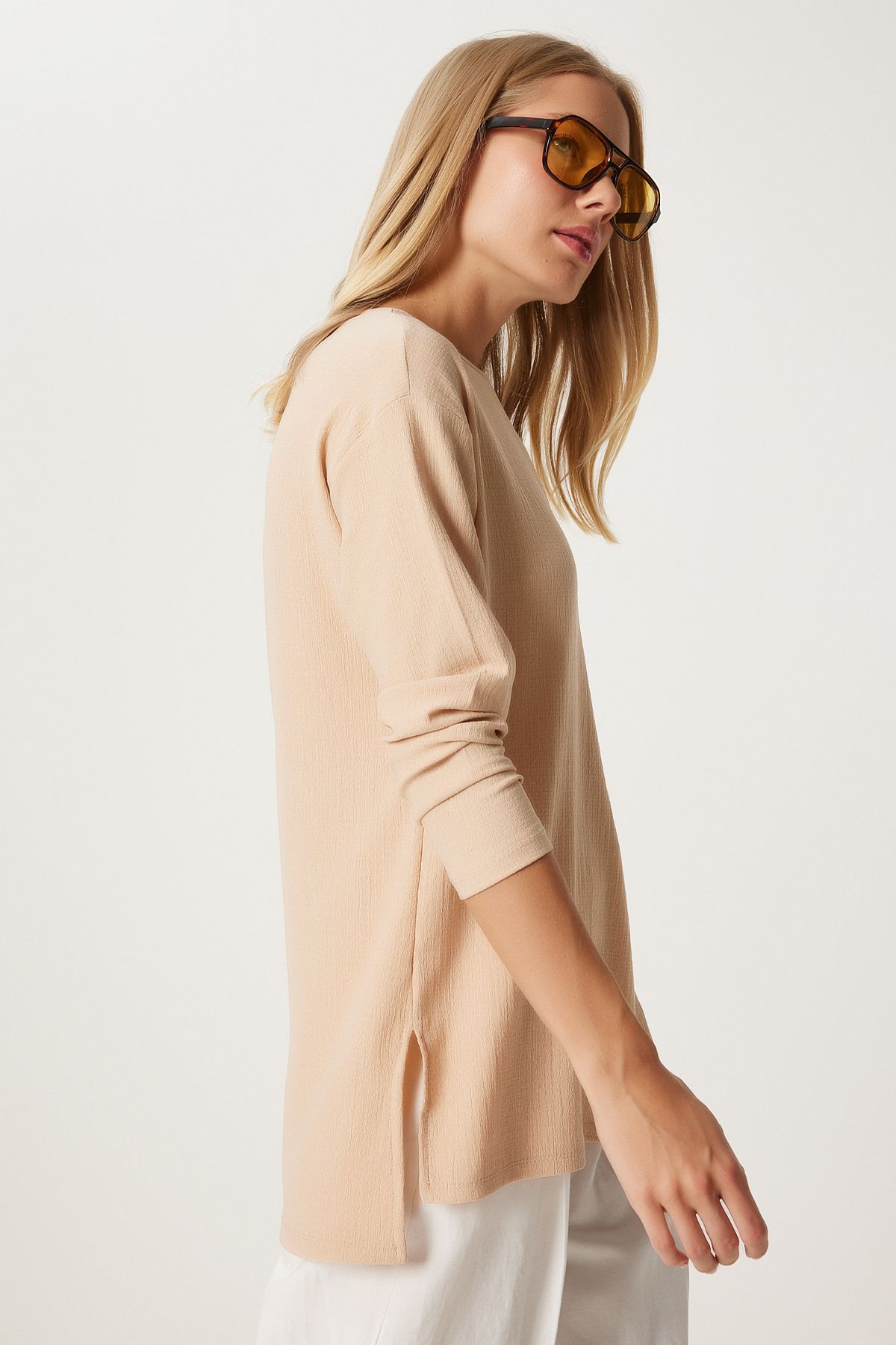 Women's Cream Patterned Long Sleeve Knitting Blouse ZH00038