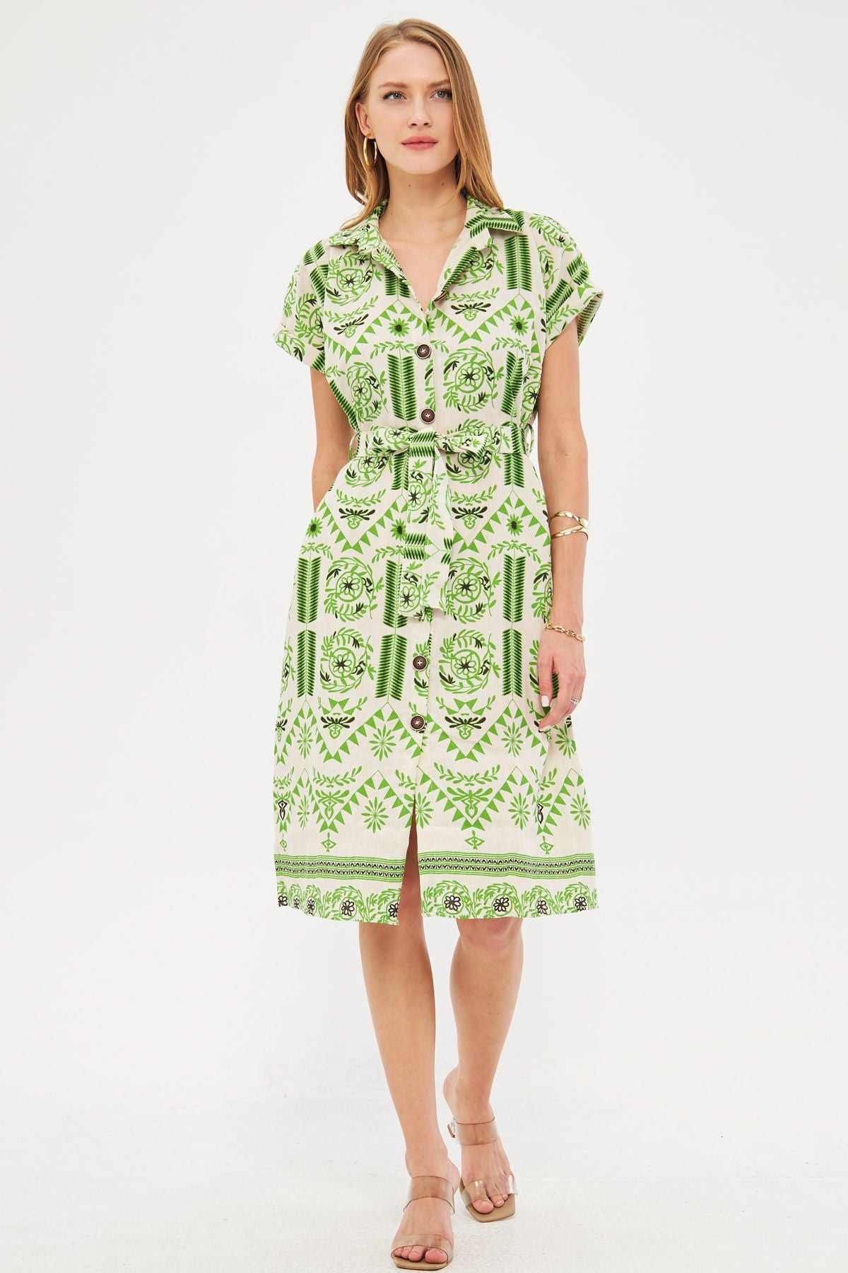 Female peanut green patterned linen-looking waist belt short sleeve shirt dress ARM-24Y001108
